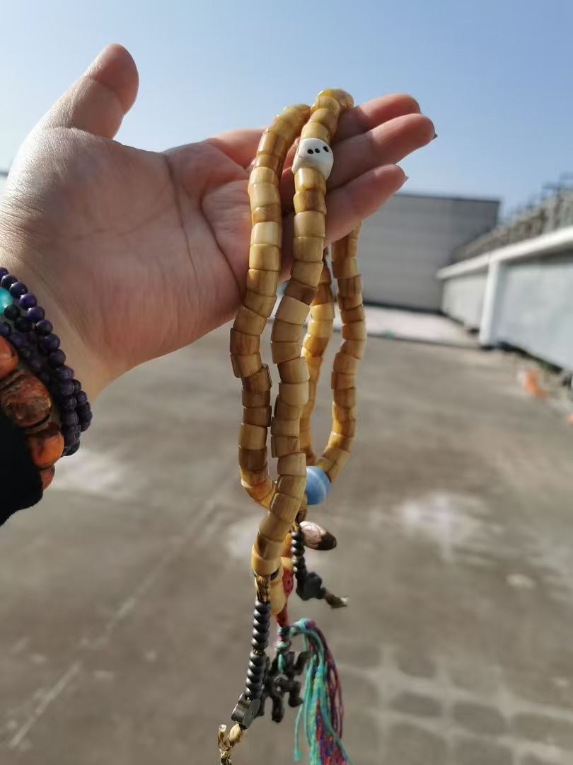 藏传清代牦牛骨108佛珠配明代老利马铜青蛙牌百年老老药师