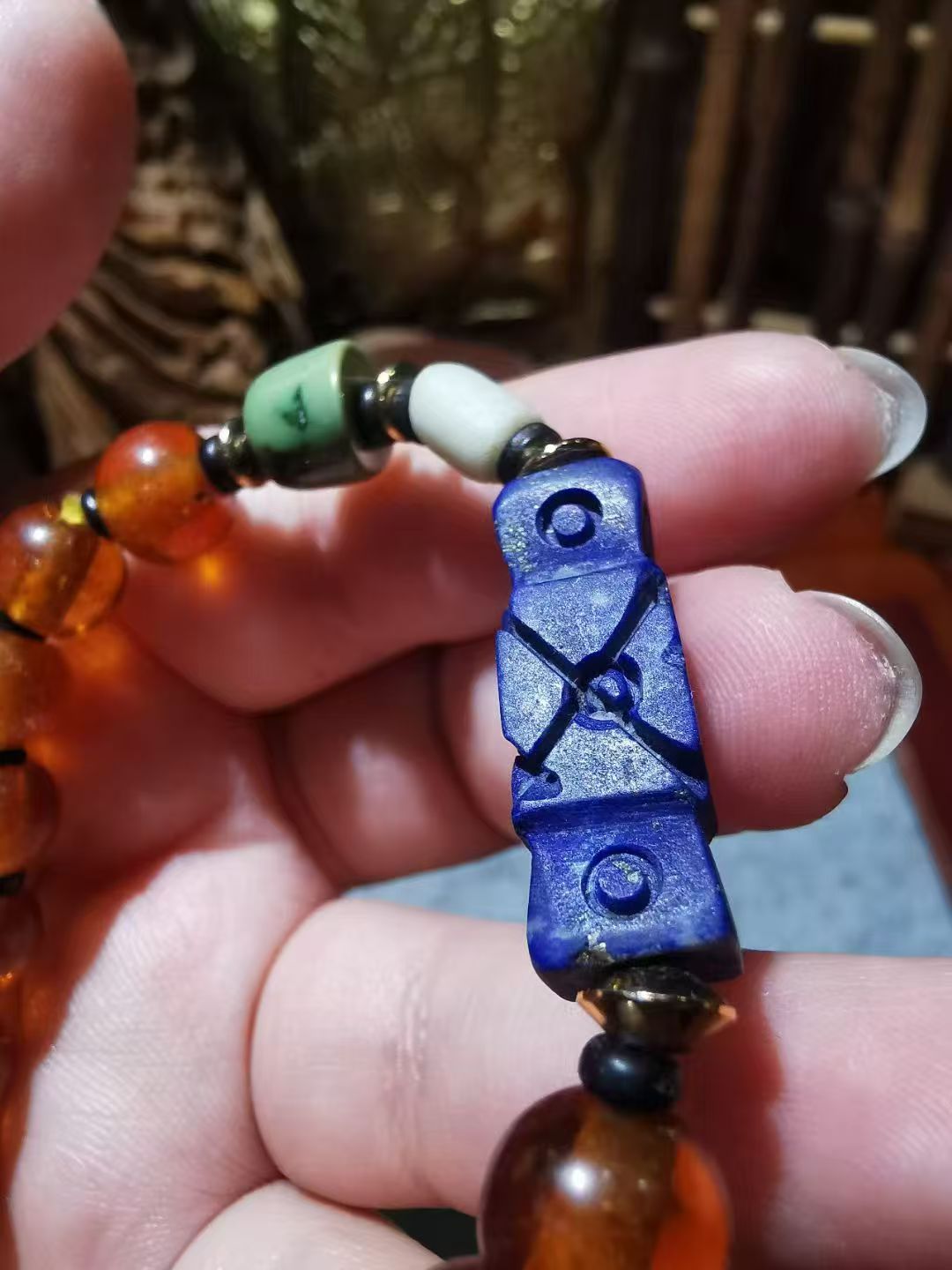 10429   Tibetan Qing Dynasty Old Agate and Lapis Lazuli Bracelet  藏传清代老玛瑙青金石手串