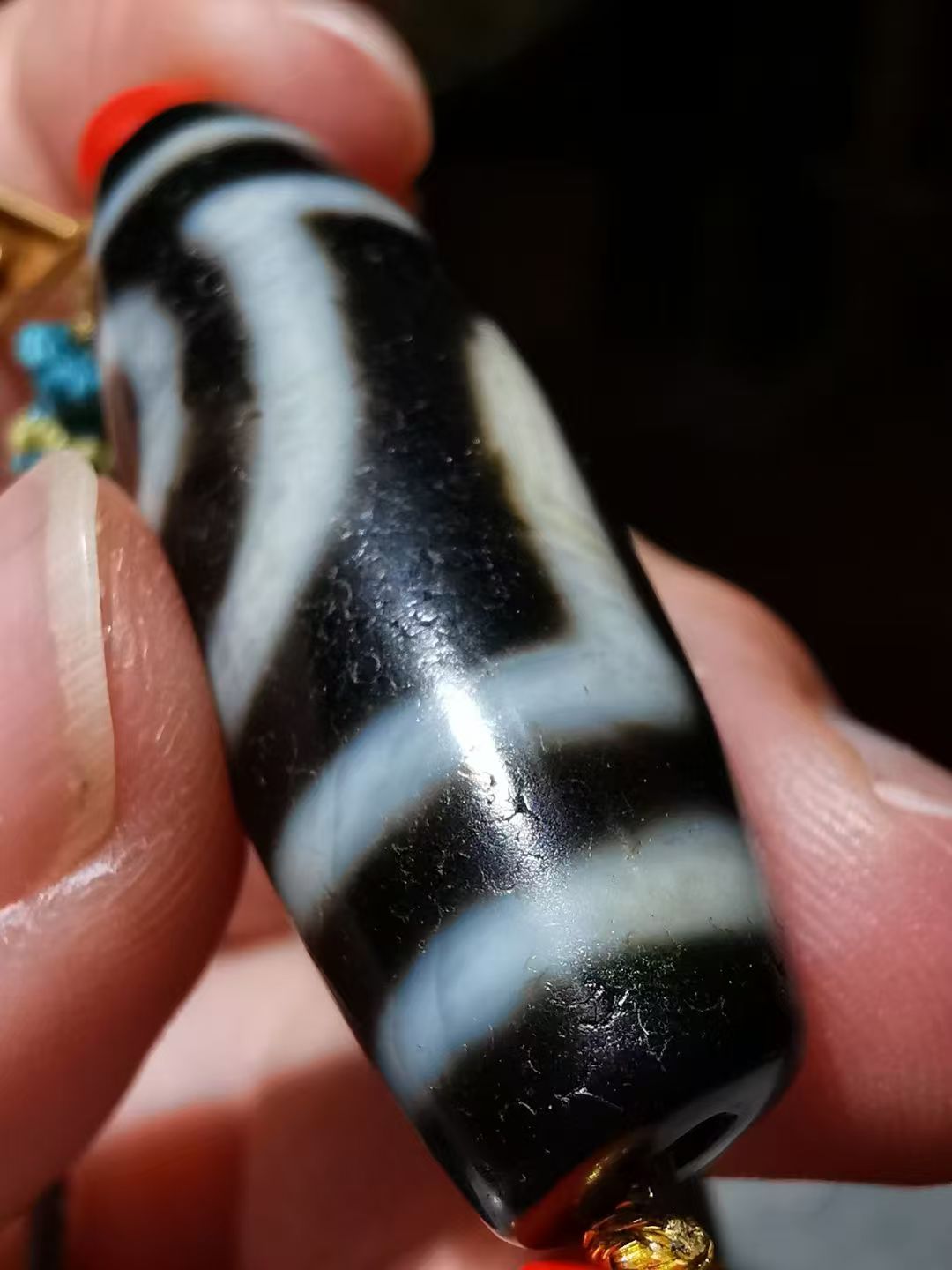 10737 Old Tibetan Agate Twin-Eye Dzi Bone Necklace 藏传老一台老玛瑙两眼天珠锁骨链
