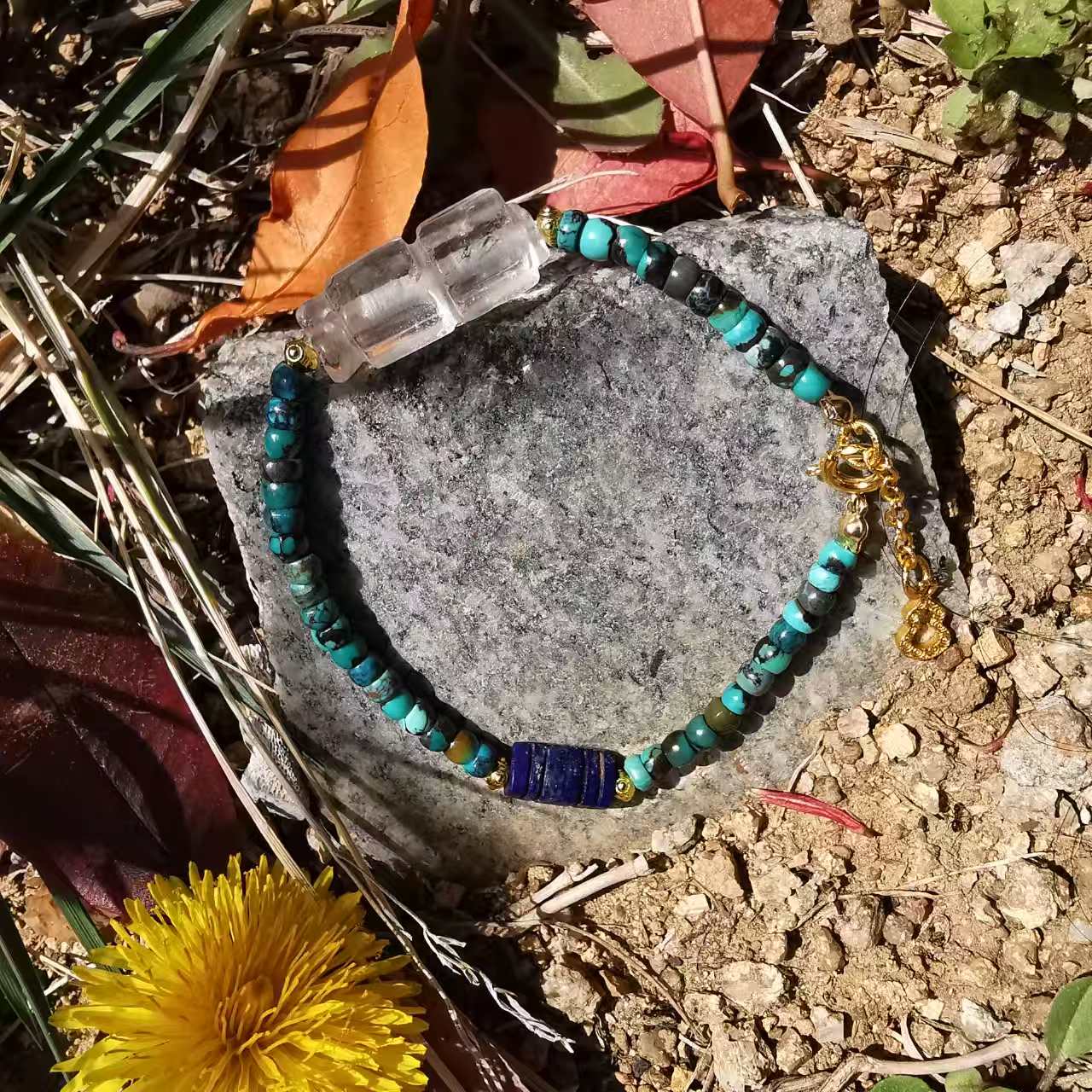 15446Vintage Crystal Compass Lapis Lazuli Antique Bead Turquoise Bracelet老水晶司南青金石古珠绿松石手链