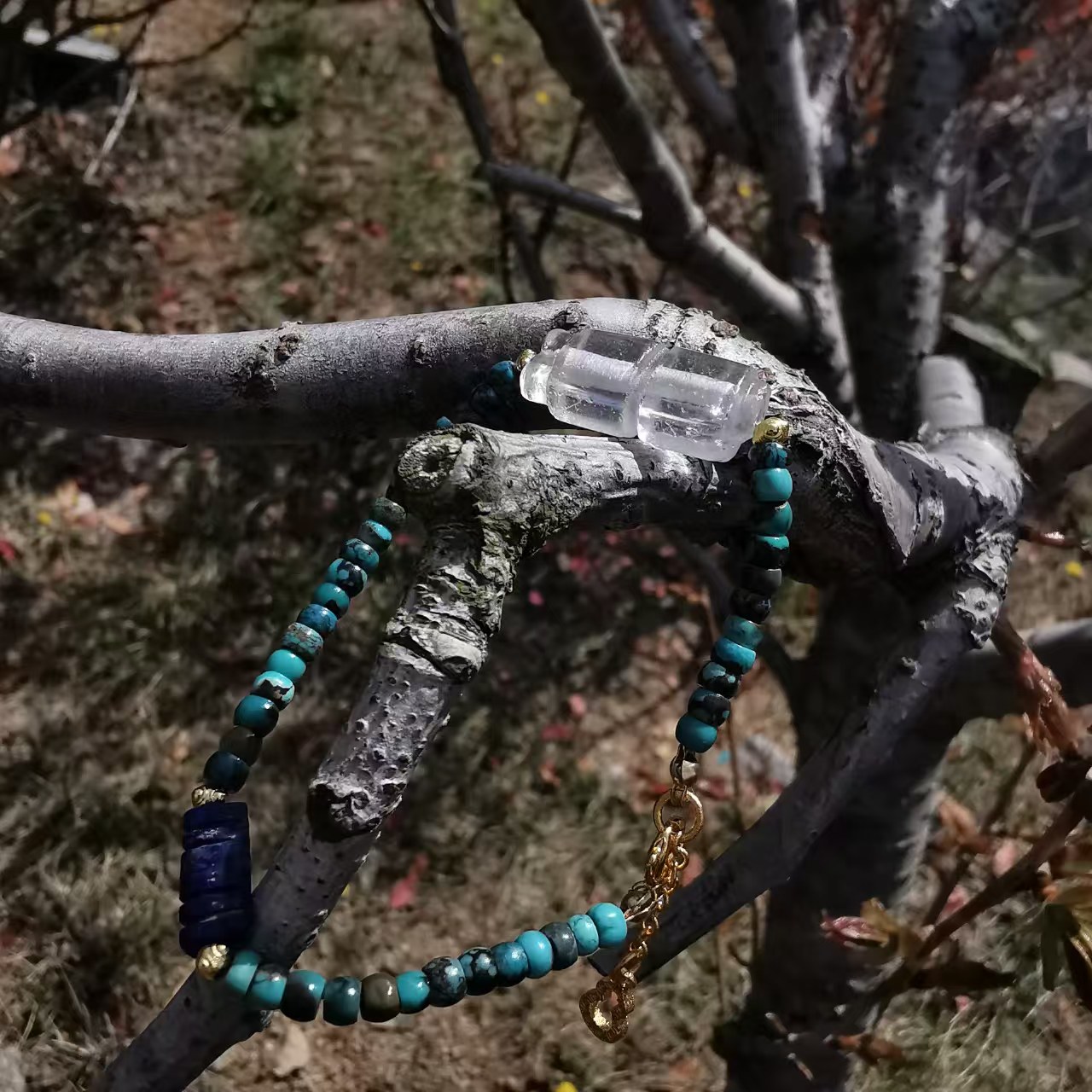 15446Vintage Crystal Compass Lapis Lazuli Antique Bead Turquoise Bracelet老水晶司南青金石古珠绿松石手链