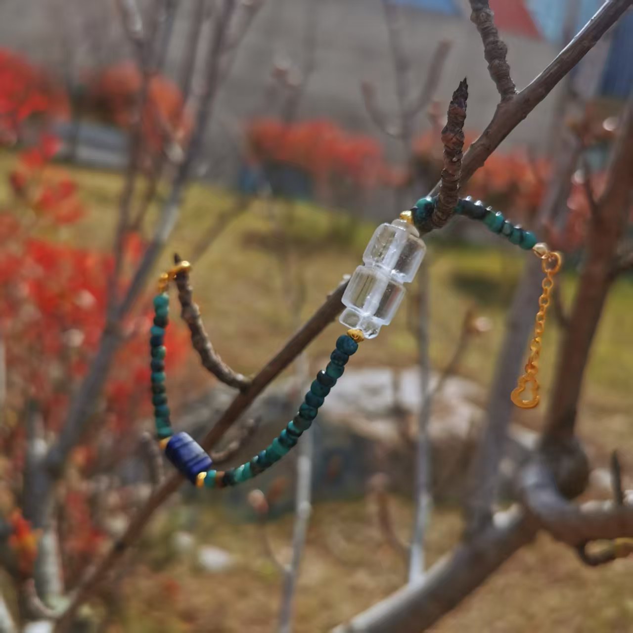 15446Vintage Crystal Compass Lapis Lazuli Antique Bead Turquoise Bracelet老水晶司南青金石古珠绿松石手链