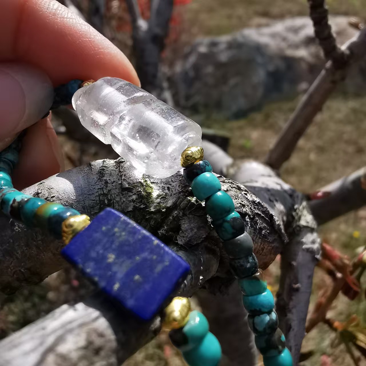 15446Vintage Crystal Compass Lapis Lazuli Antique Bead Turquoise Bracelet老水晶司南青金石古珠绿松石手链