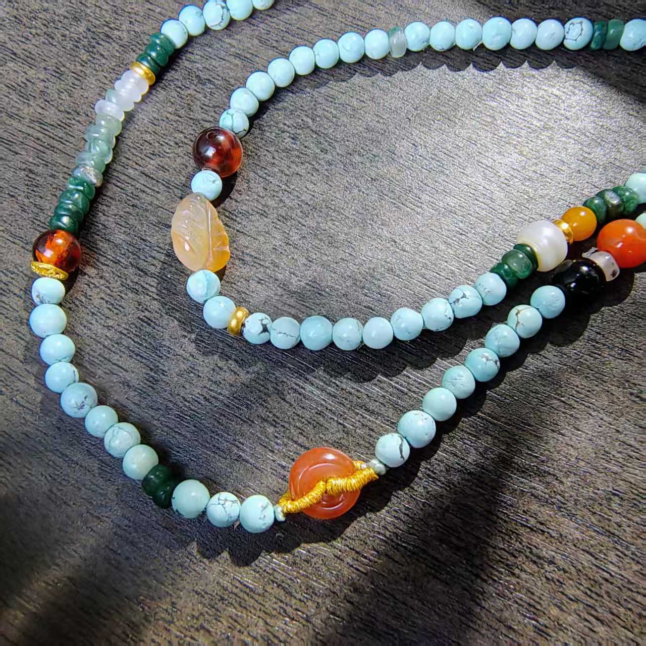 15557 Multi-Treasure Jade Bamboo Turquoise Necklace15557多宝玉竹松石项链玉料