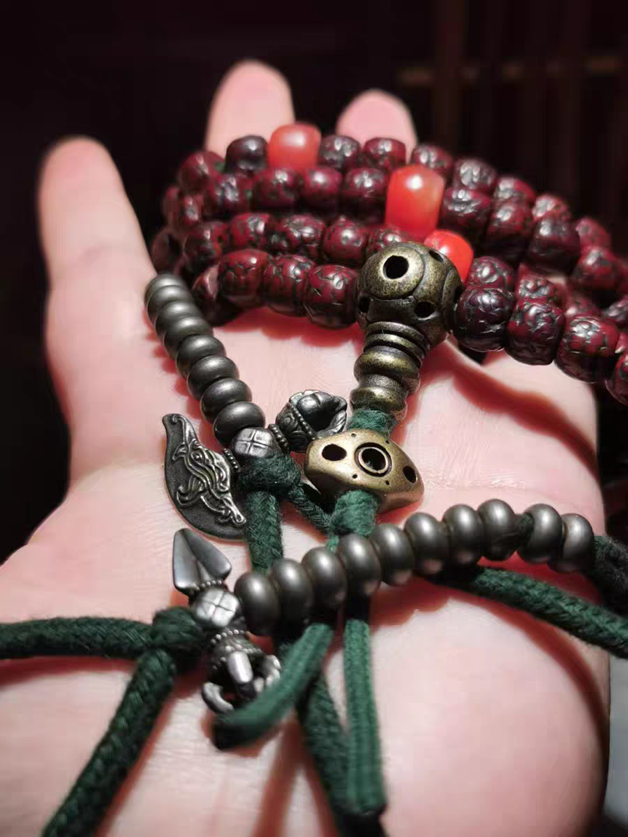 Tibetan old cinnabar-dusted Rudraksha 108-bead prayer beads 藏传老朱砂供金刚菩提108佛珠