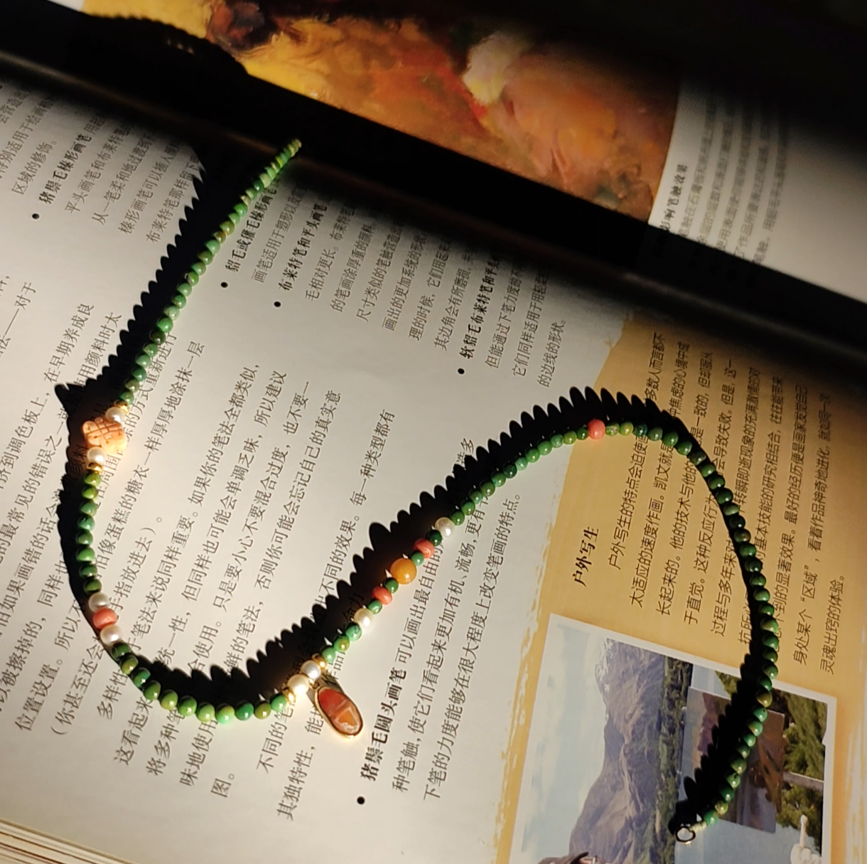 13515  西亚三千年红玉髓吊坠配老珊瑚蜜蜡老绿松石珍珠黄金项链
