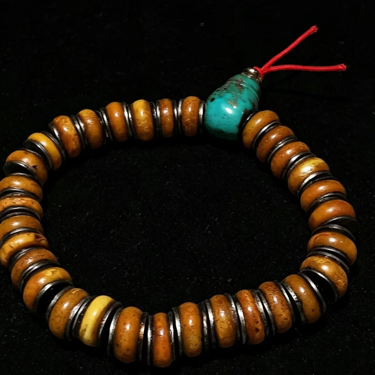 13562藏传老蜜蜡手串老绿松石佛头 Tibetan Old Amber Bracelet Old Turquoise Buddha Head 