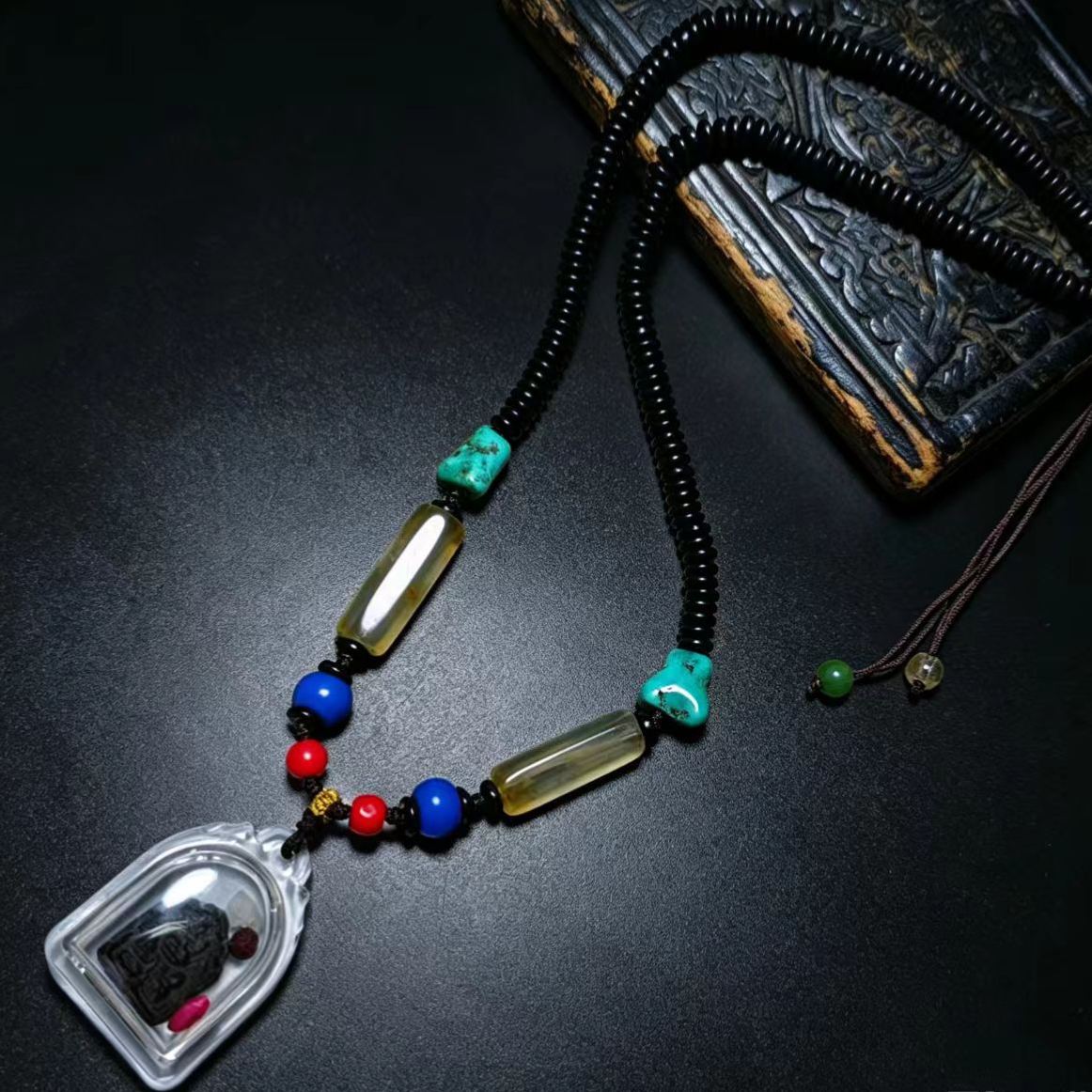 15065   15065 Tibetan Traditional Medicinal Clay Three Protectors Cinnabar Necklace  💰💰788  A very beautiful necklace that can be worn by men, women, and children alike. The coconut shell is paired with old turquoise, blue chalcedony, and re藏传老药泥三怙主擦擦项链