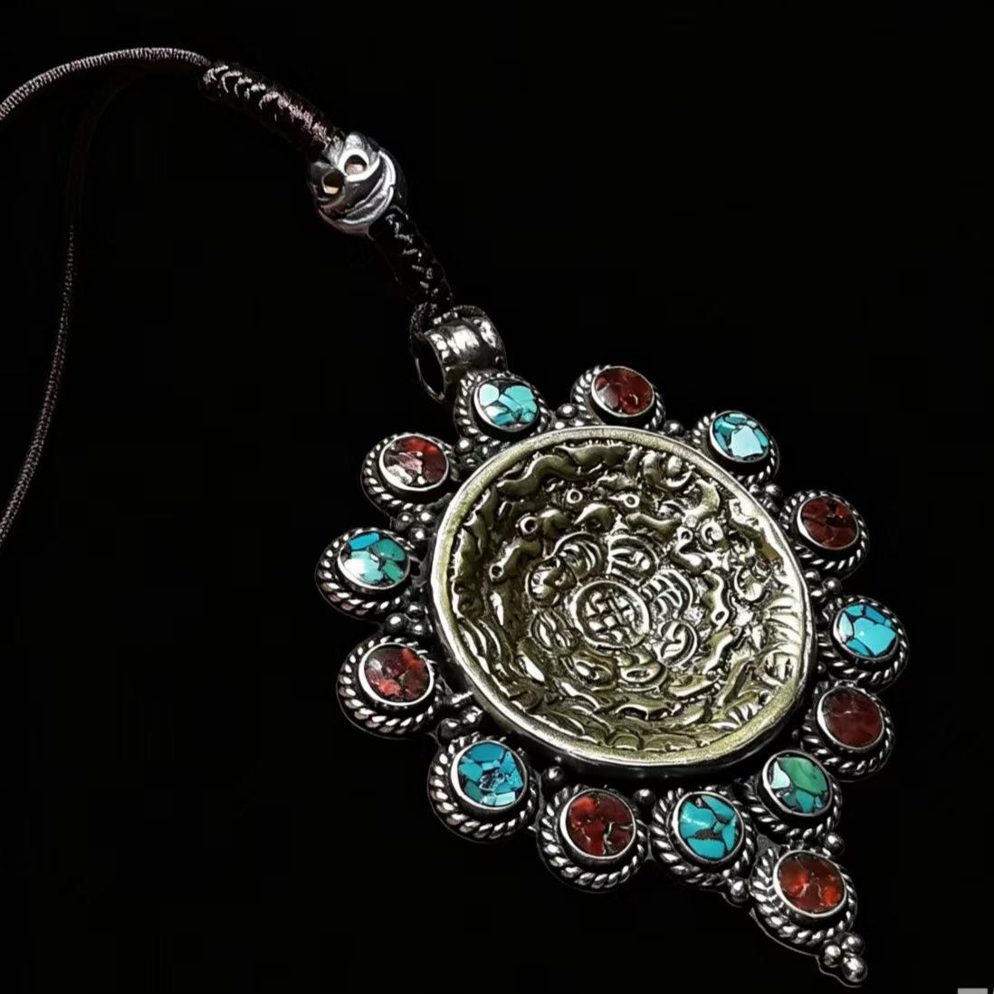 15161   Tibetan-style old Lima copper inlaid with turquoise and South Red nine-palace amulet藏传老利马铜镶绿松南红九宫牌