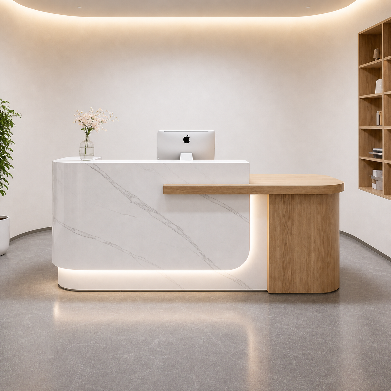 Modern Reception Desk with Curved Front, Wood Cabinet & LED Lighting