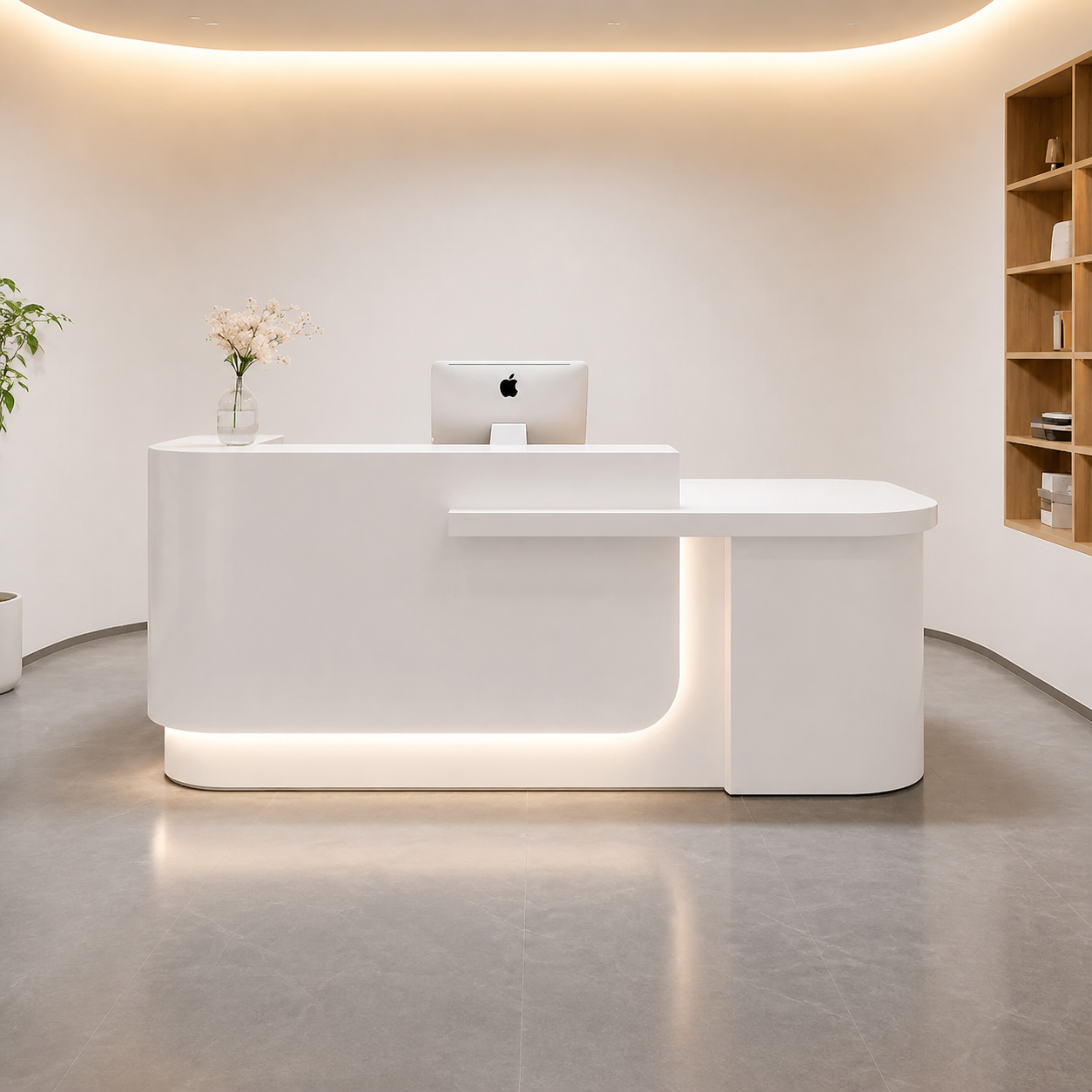 Modern Reception Desk with Curved Front, Wood Cabinet & LED Lighting