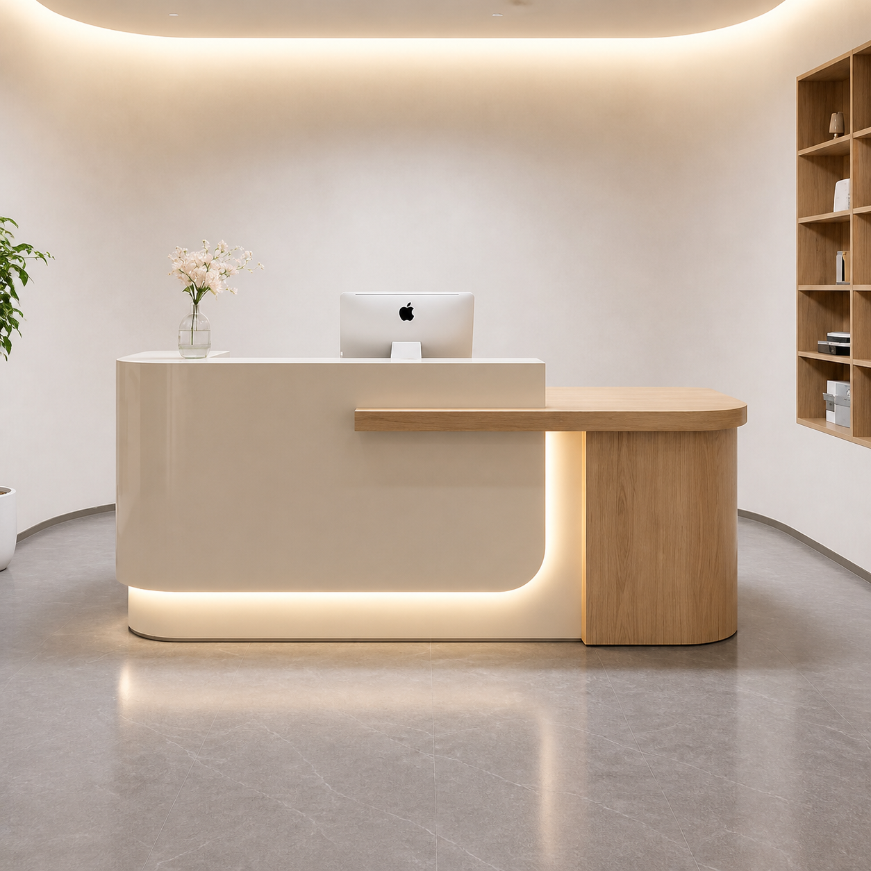 Modern Reception Desk with Curved Front, Wood Cabinet & LED Lighting