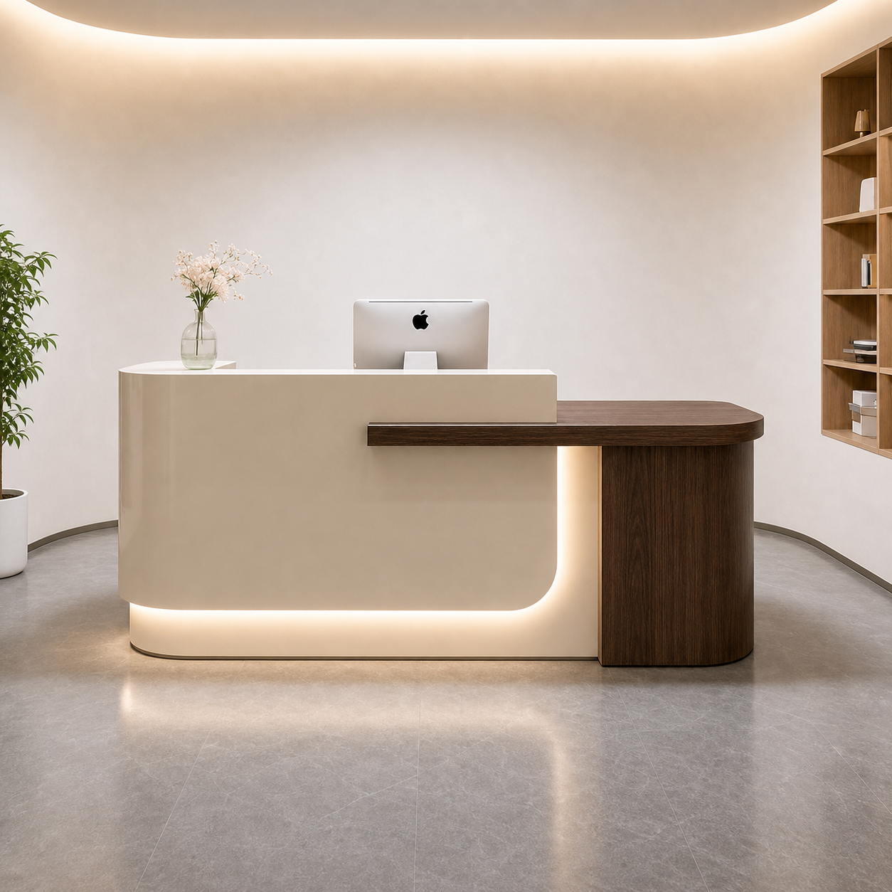 Modern Reception Desk with Curved Front, Wood Cabinet & LED Lighting