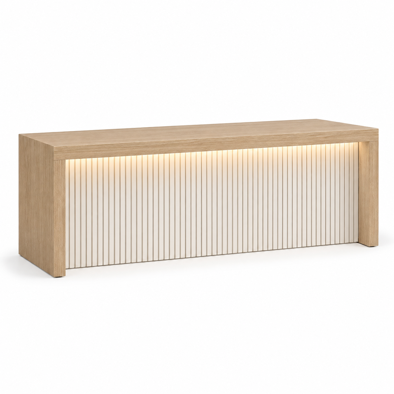 Natural wood and warm white fluted LED reception desk