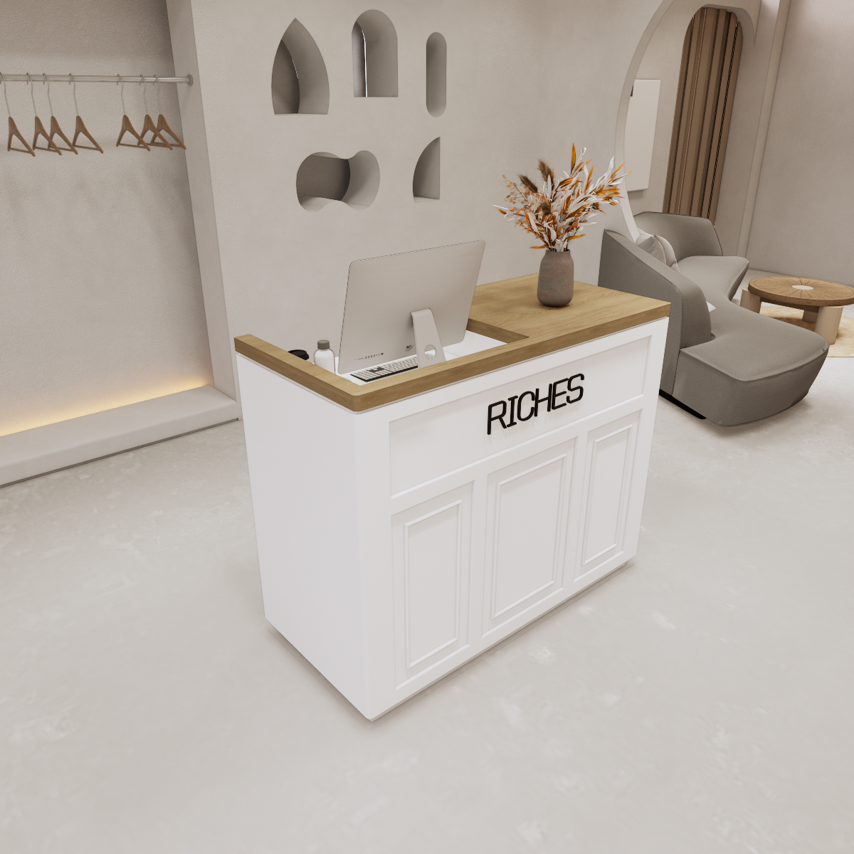 Minimalist White + Natural Reception Desk for Salons 