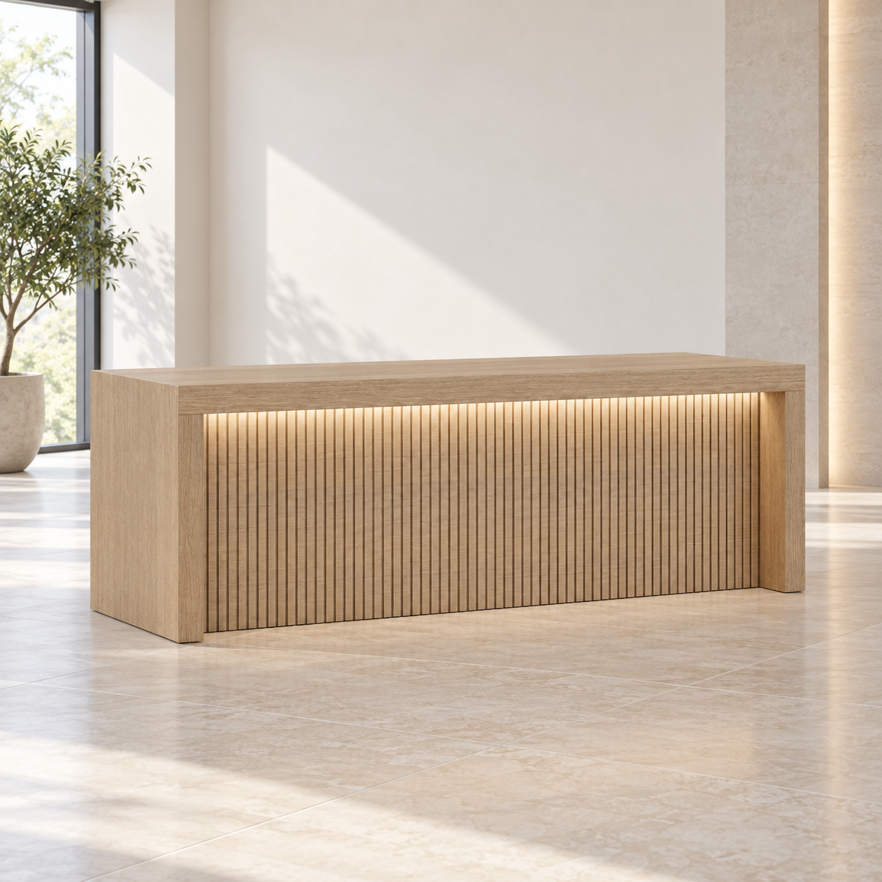 Natural wood fluted LED reception desk in a reception setting