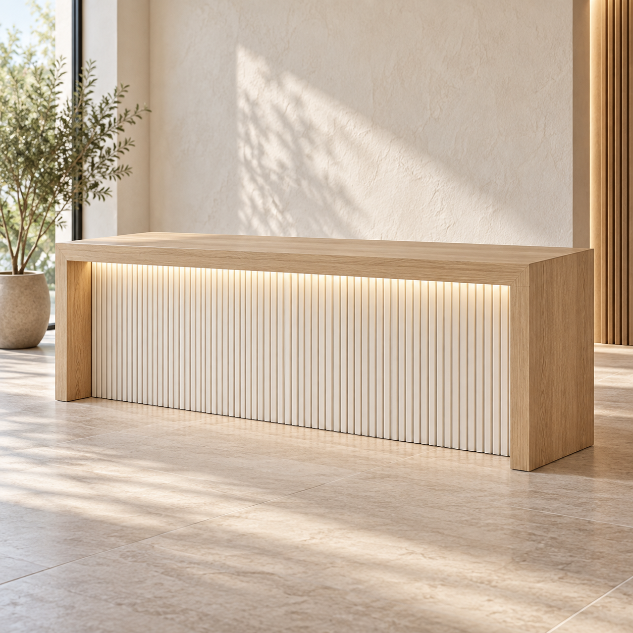 Natural wood and warm white fluted LED reception desk in a reception setting