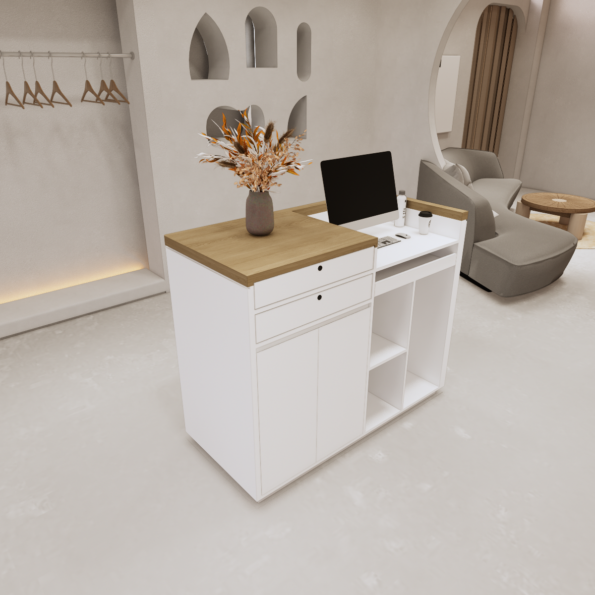 Minimalist White + Natural Reception Desk for Salons Internal view