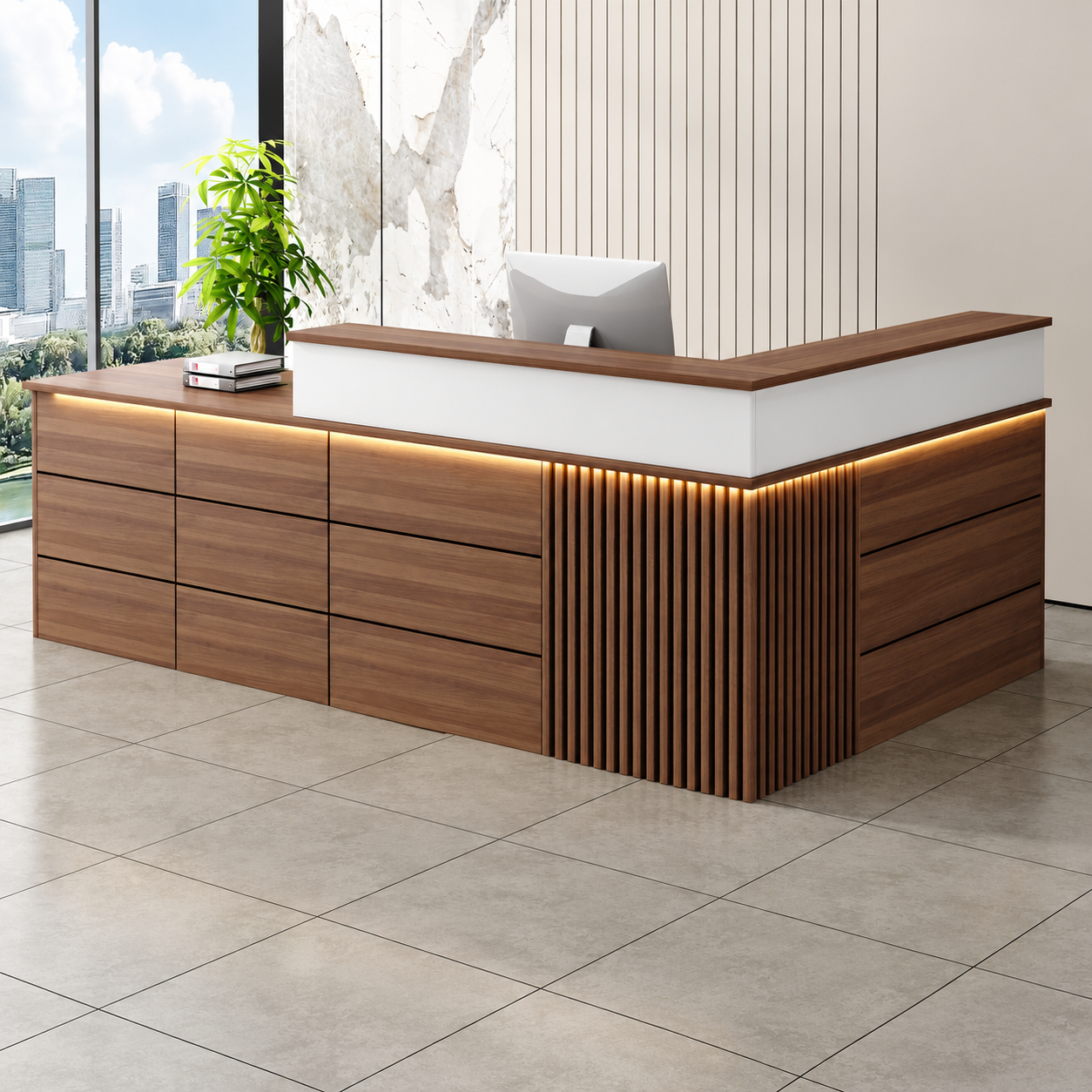 Reception Desk with Fluted Corner Panel and Integrated Storage RD-310