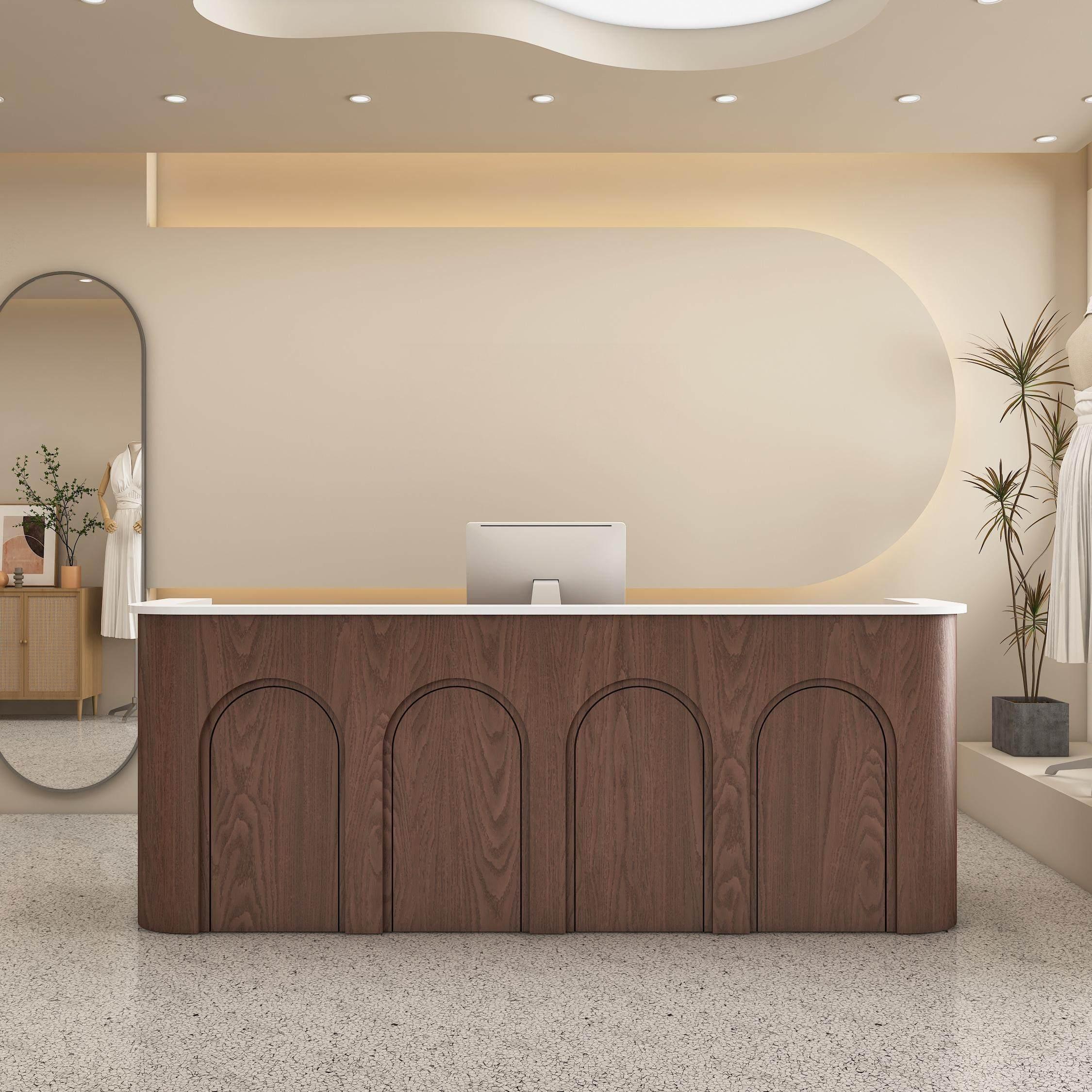 Curved Wood Grain with Arched Panel Design Brown Reception Desk for Clothing Shop
