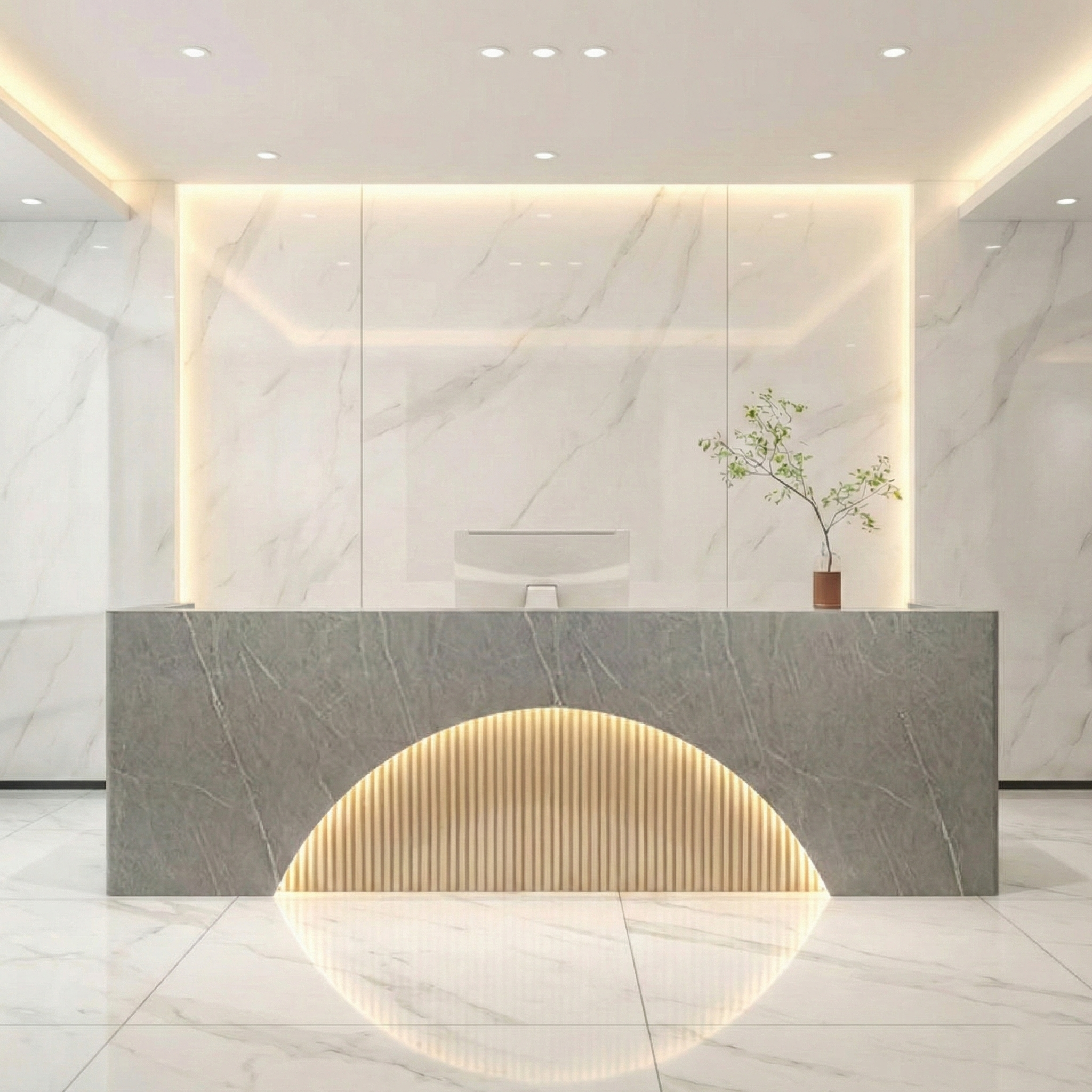 Modern Grey Marble Finish Reception Desk with Soft Lighting & Built-In Storage for Lobby