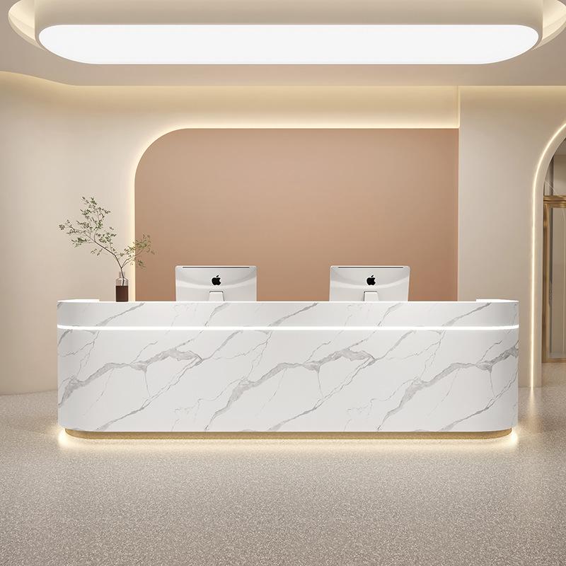Curved Minimalist Design White Marble Finish Reception Desk with LED Light for Lobby