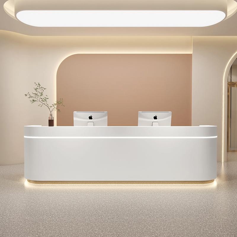 Curved Minimalist Design White Reception Desk with LED Light for Lobby