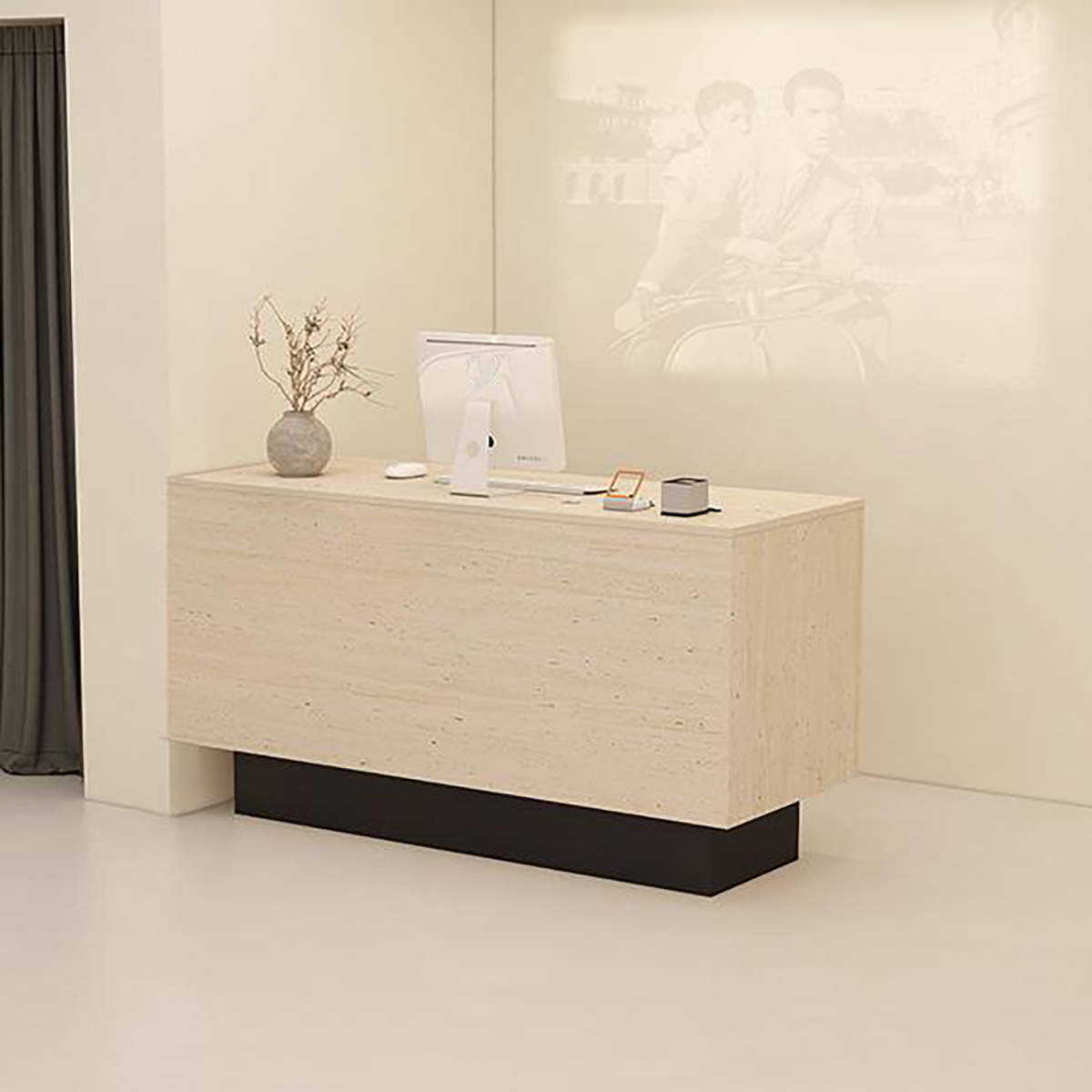 Minimalist Travertine Finish Black Reception Desk with Storage for Clothing Shop