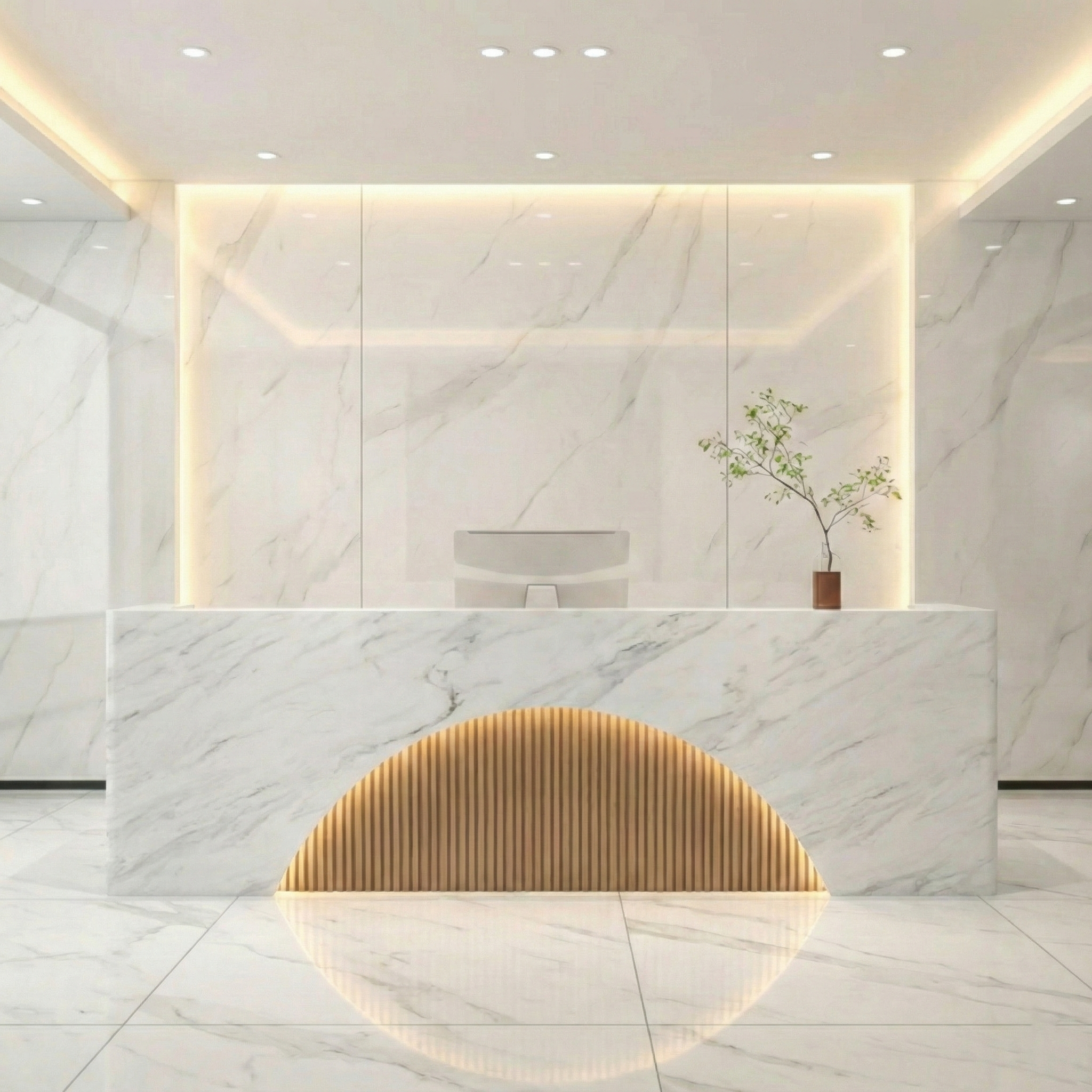 Modern Marble Finish Reception Desk with Soft Lighting & Built-In Storage for Lobby