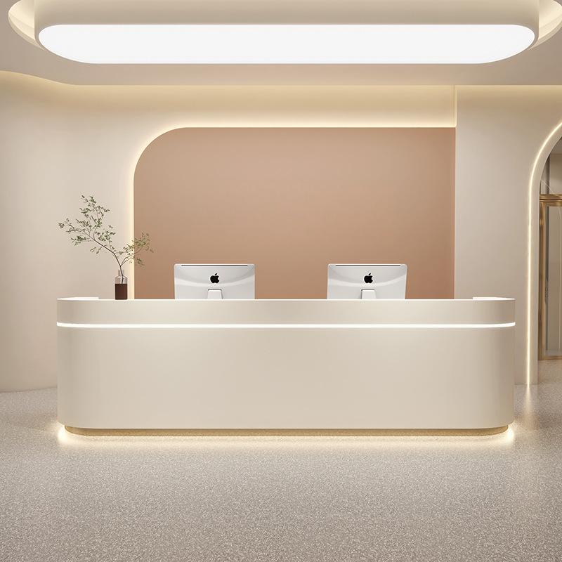 Curved Minimalist Design Beige Reception Desk with LED Light for Lobby