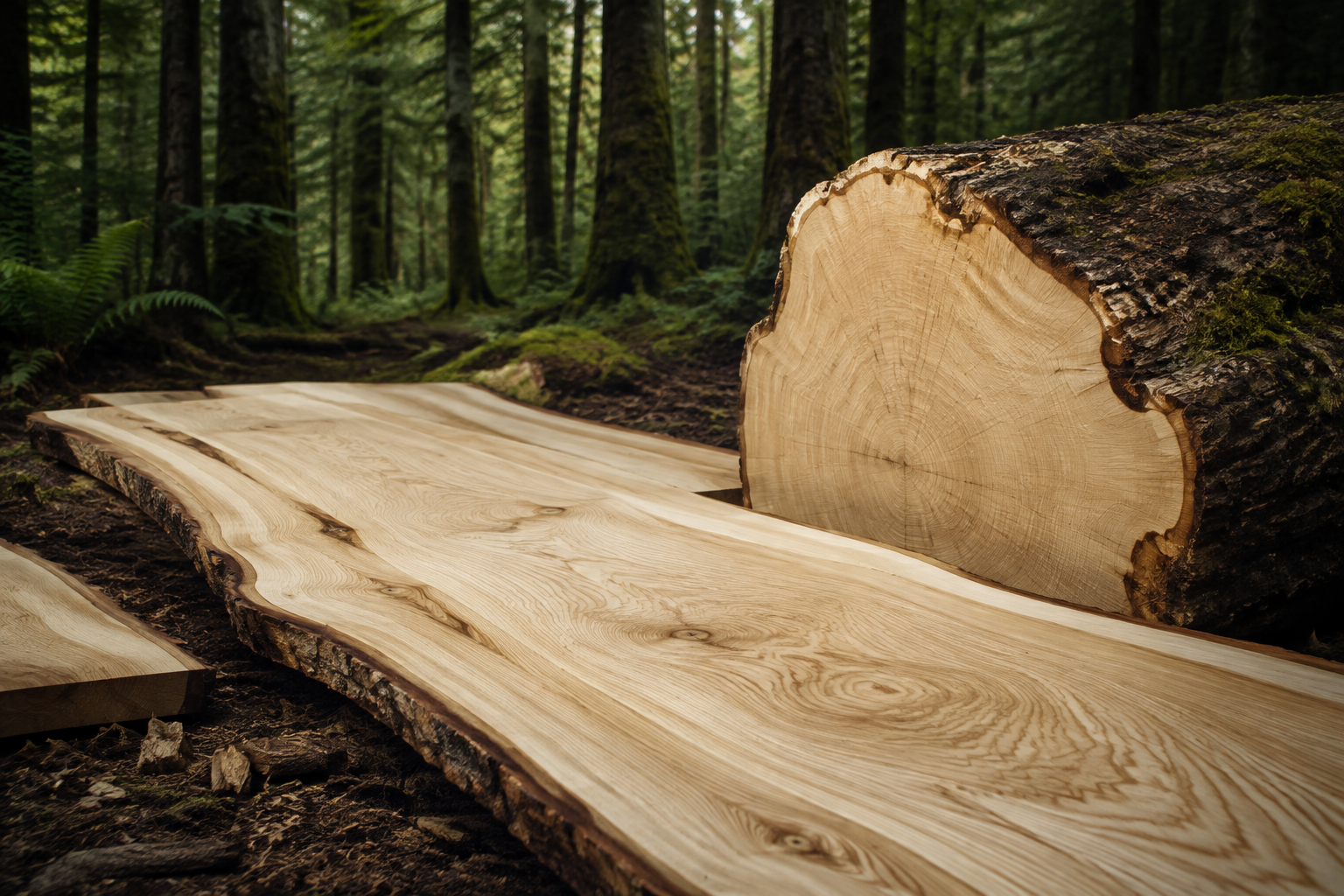 White ash logs and live-edge slabs in a forest