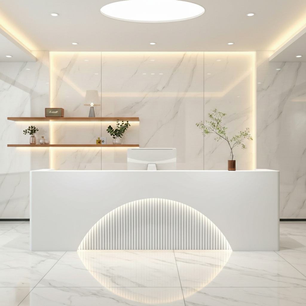 Modern White Reception Desk with Soft Lighting & Built-In Storage for Lobby