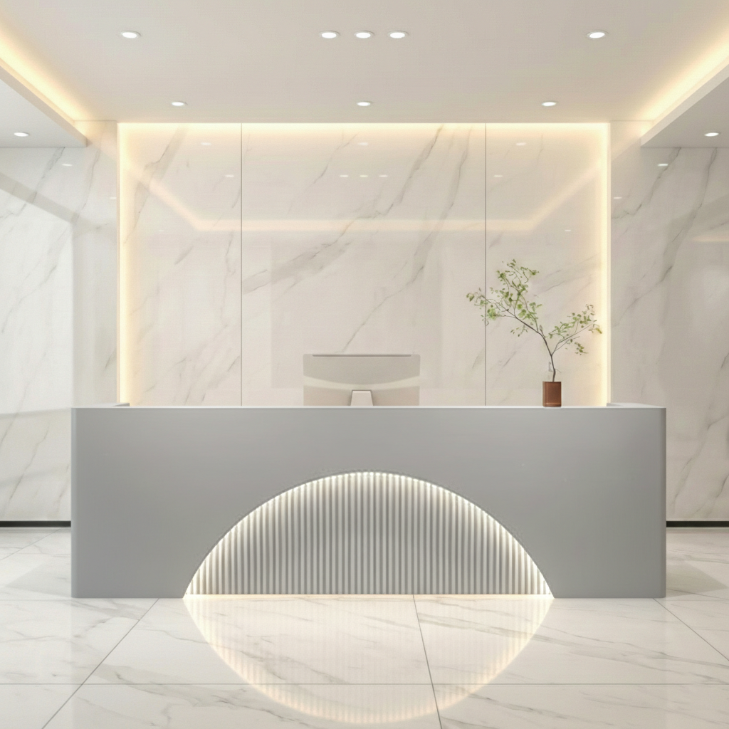 Modern Grey Reception Desk with Soft Lighting & Built-In Storage for Lobby