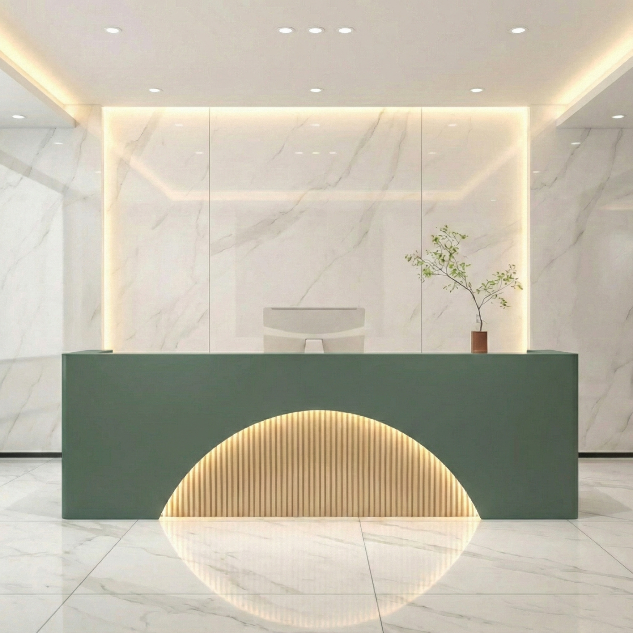 Modern Green Reception Desk with Soft Lighting & Built-In Storage for Lobby