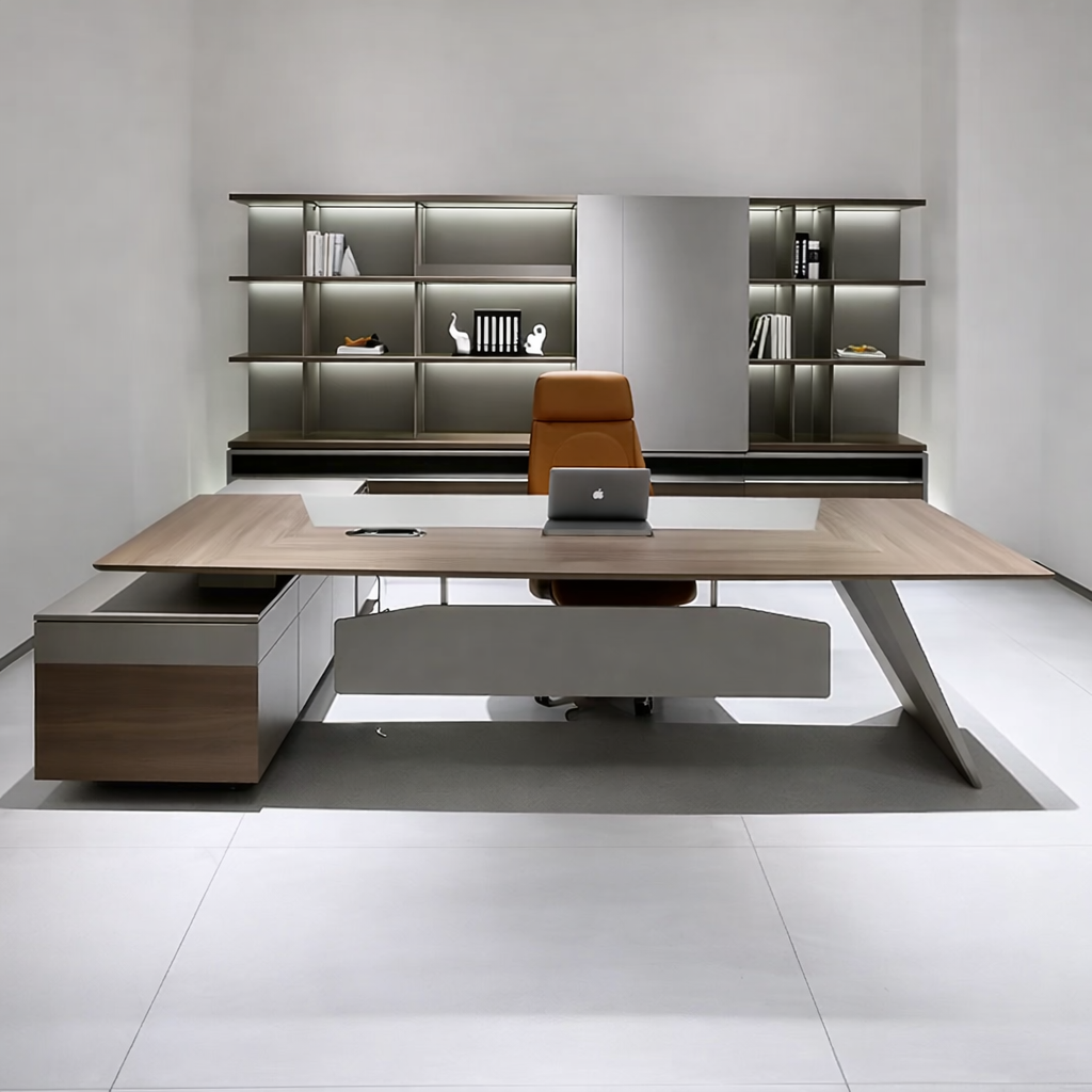 Modern Executive Desk with Angled Wood Legs & Side Cabinet for Boss Office Actual Photos
