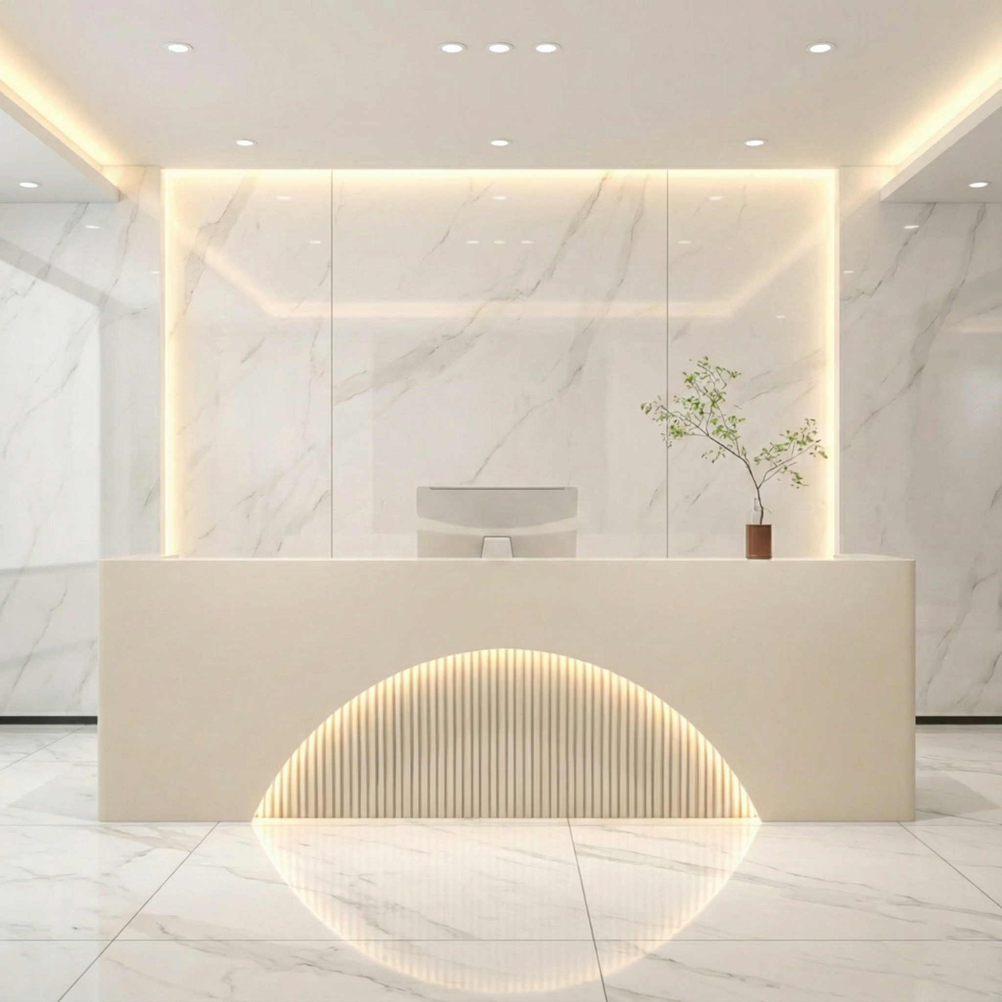 Modern Beige Reception Desk with Soft Lighting & Built-In Storage for Lobby
