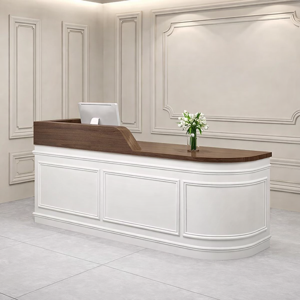 Modern Minimalist Grid Finish Corner  White + Walnut Reception Desk for Clothing Shop