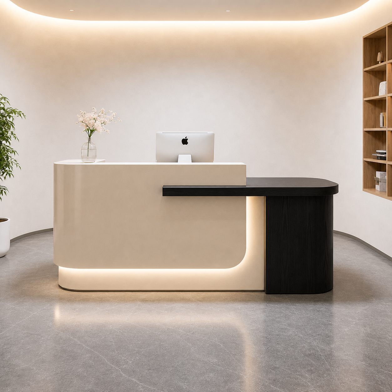 Modern Reception Desk with Curved Front, Wood Cabinet & LED Lighting