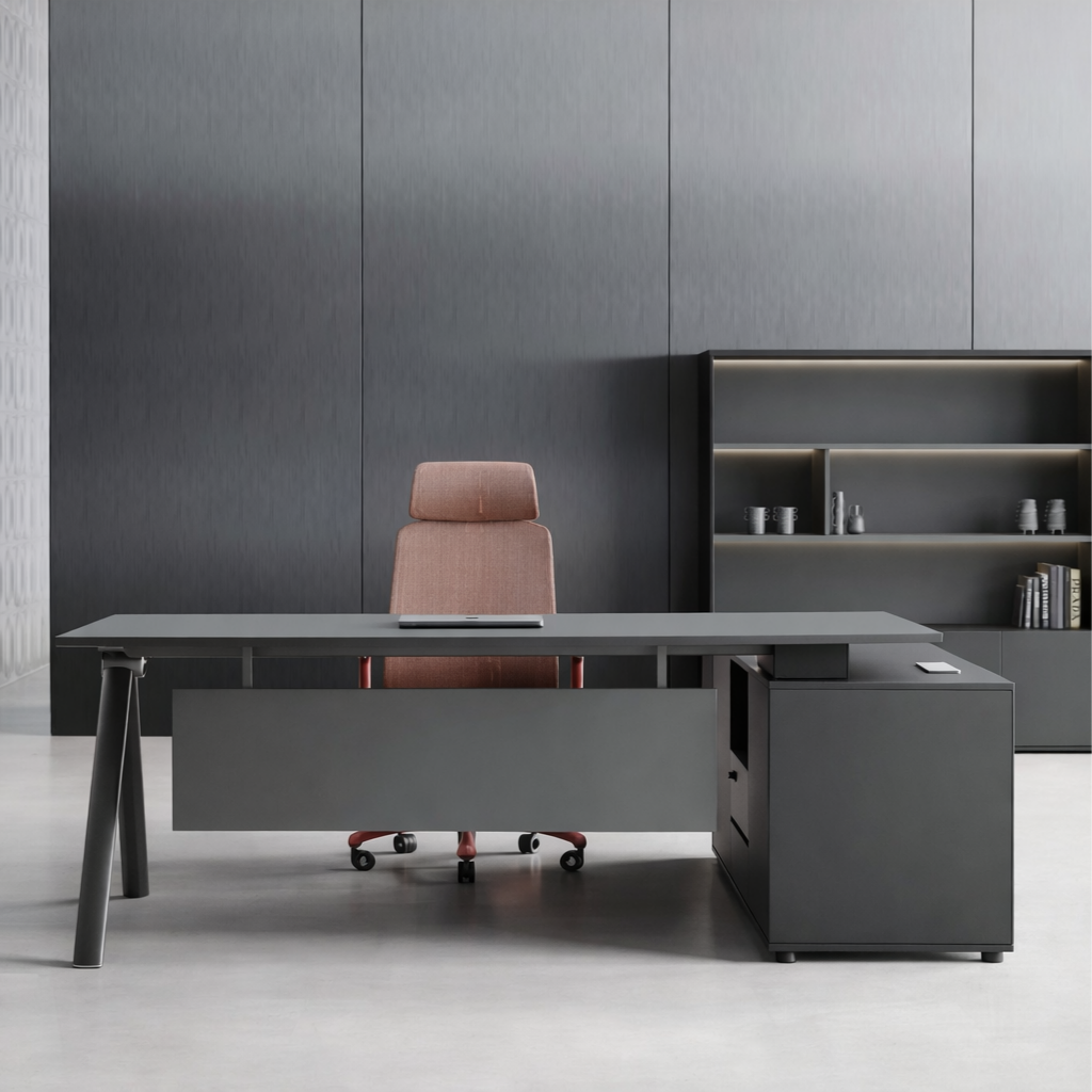 Architectural Executive Desk with Angled Metal Legs & Privacy Modesty Panel for Administration Office