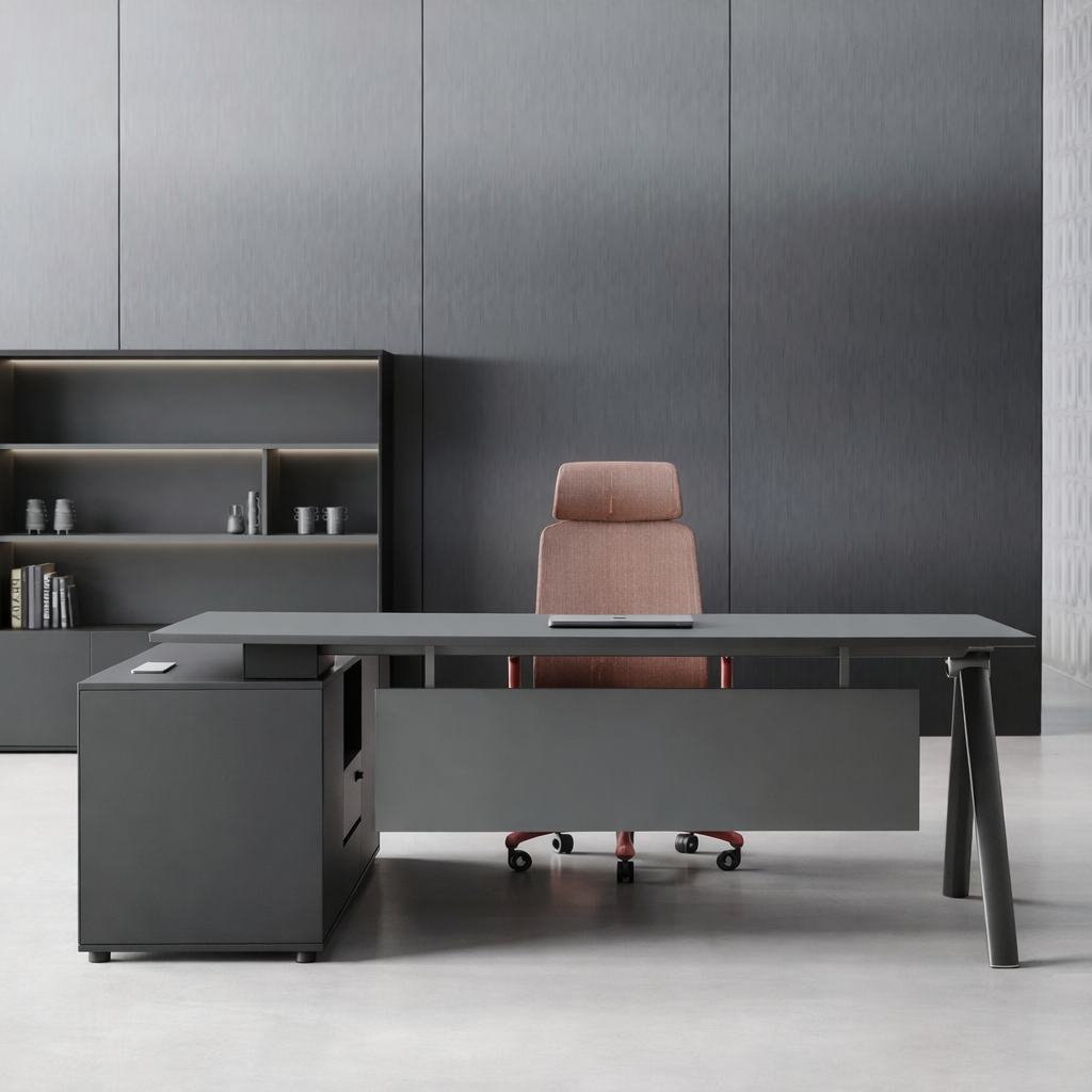 Architectural Executive Desk with Angled Metal Legs & Privacy Modesty Panel for Boss Office