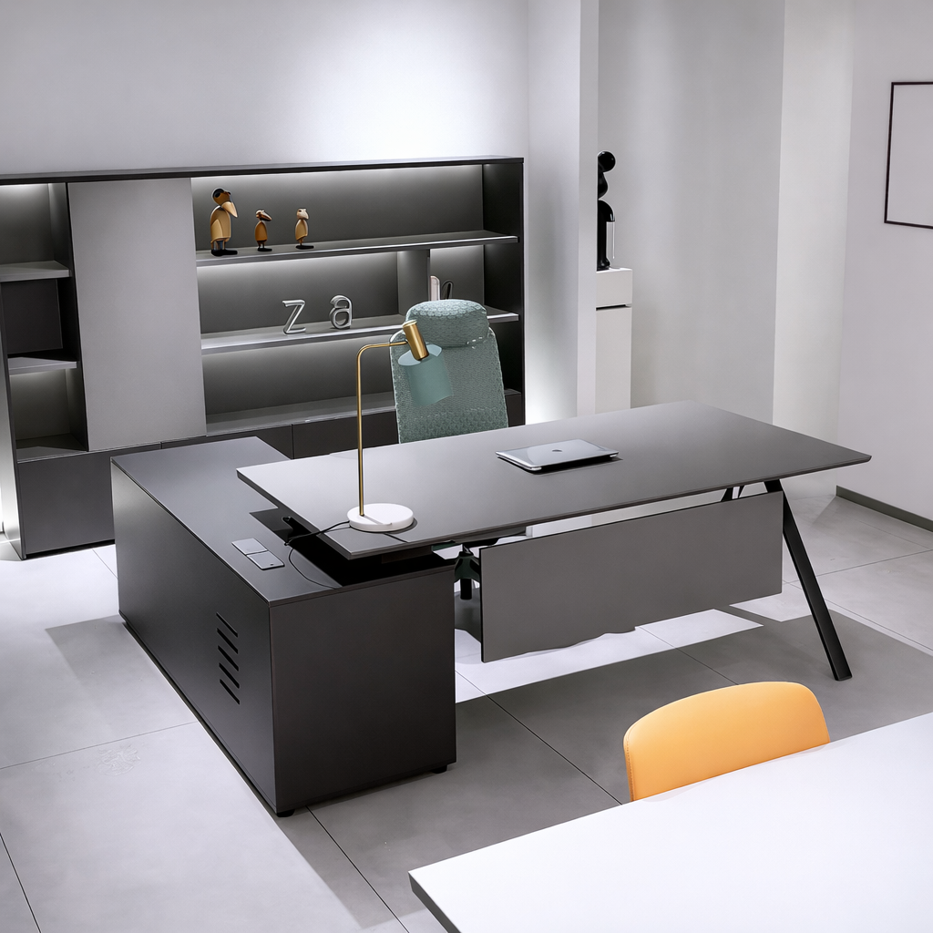 Architectural Executive Desk with Angled Metal Legs & Privacy Modesty Panel for Boss Office Side view