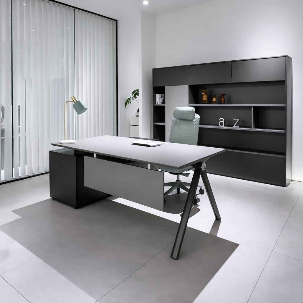 Architectural Executive Desk with Angled Metal Legs & Privacy Modesty Panel for Boss Office Side view