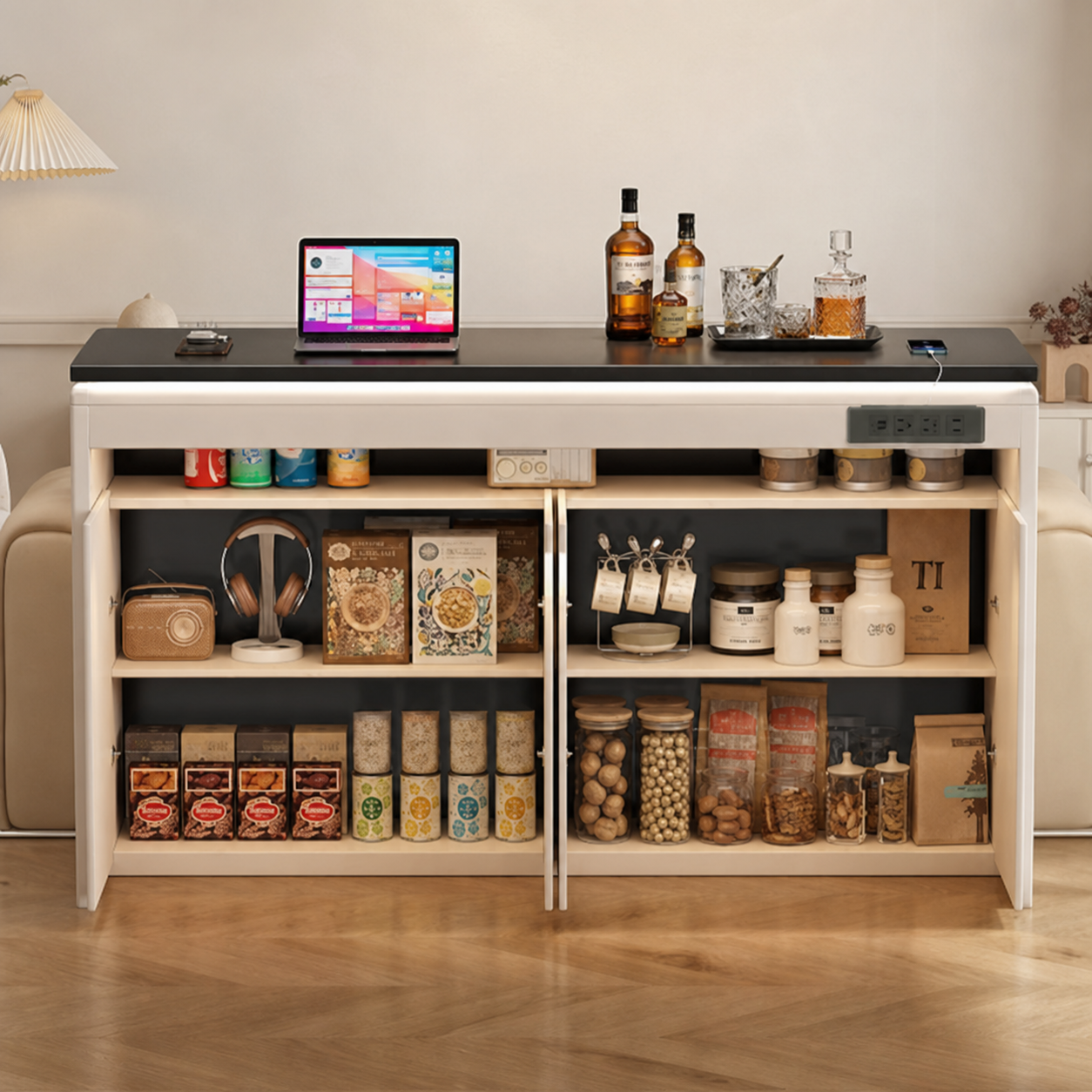 Concealed storage inside BT-010 home bar cabinet