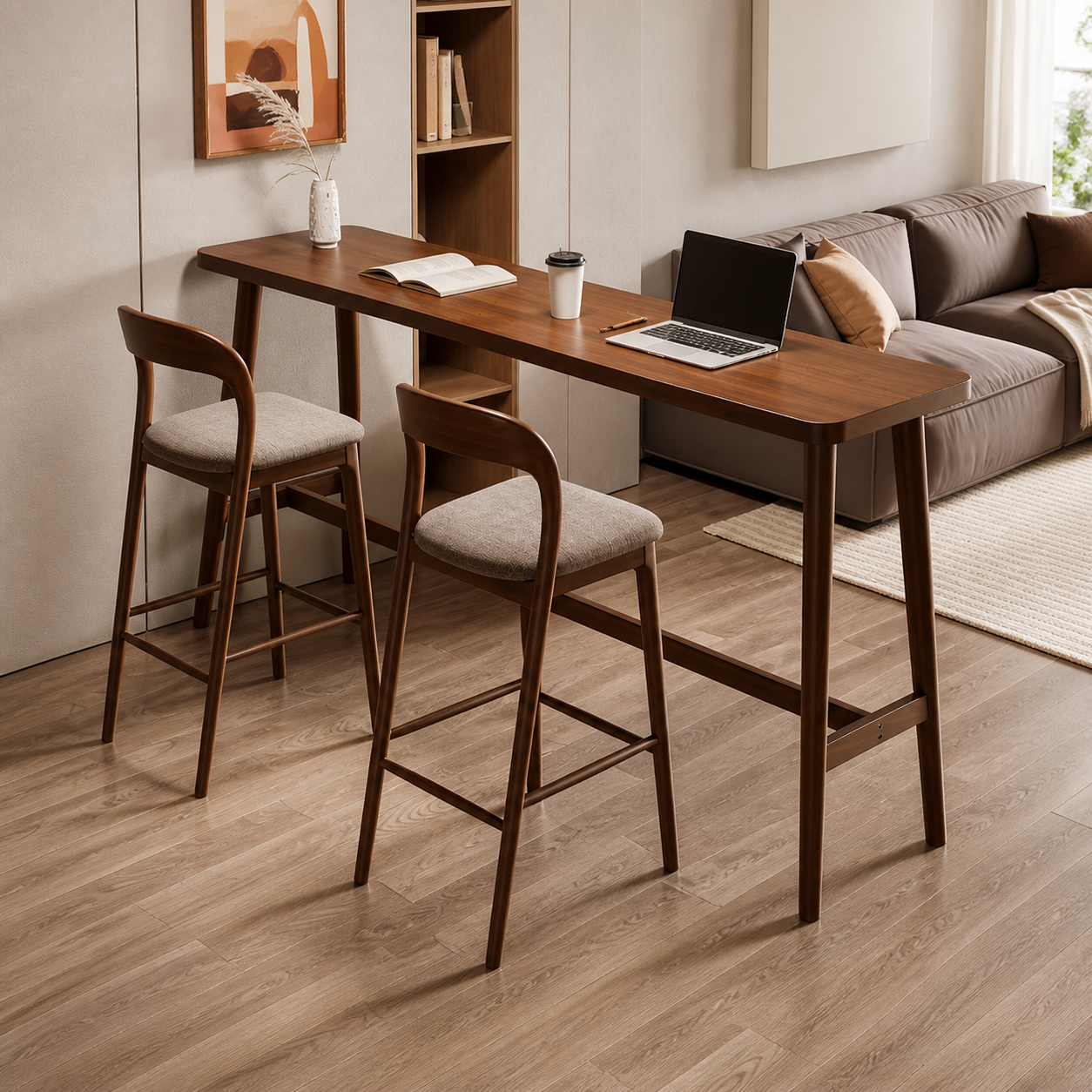 BT-011 solid wood bar table with matching upholstered high stools