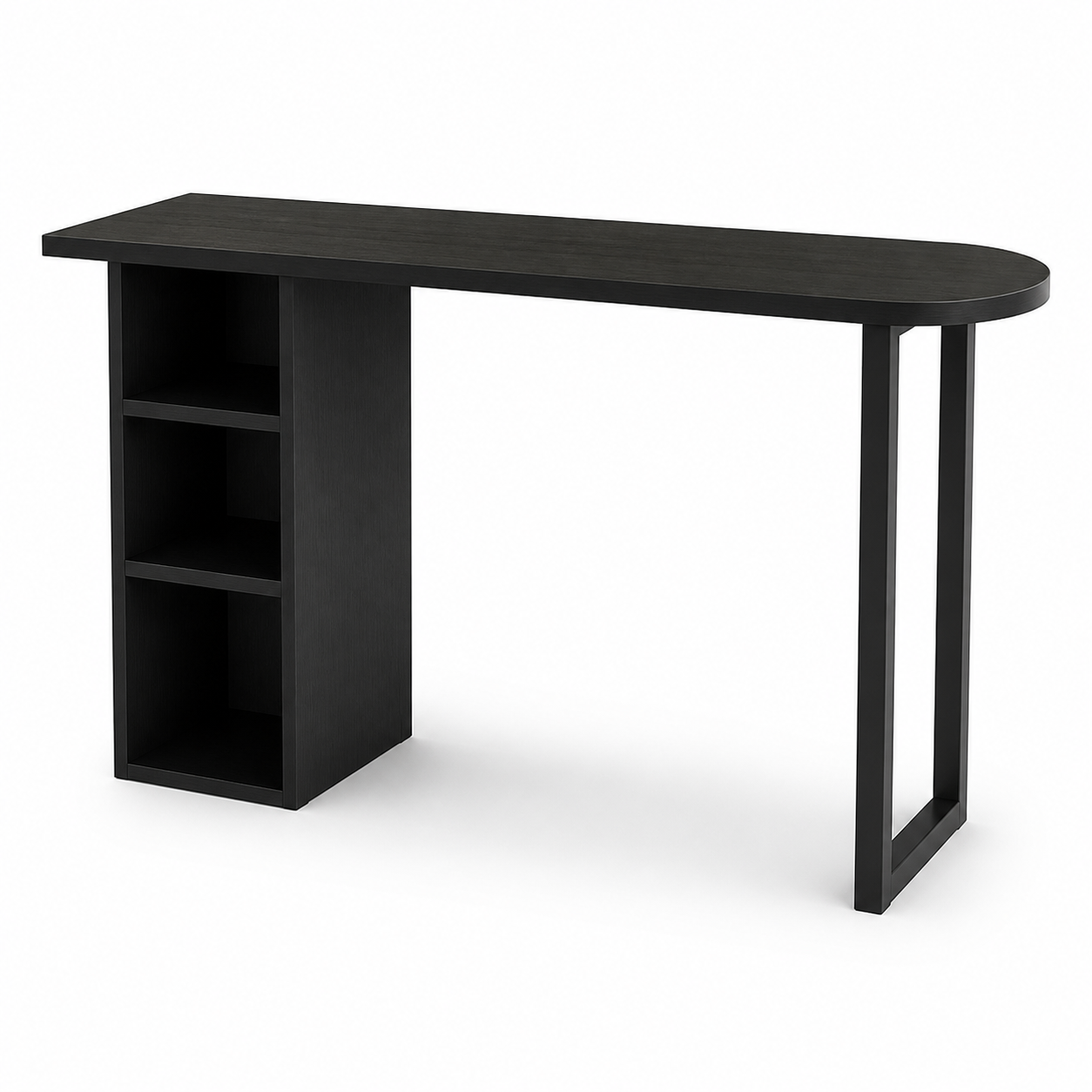 BT-007 black solid wood bar table with open storage on a white background