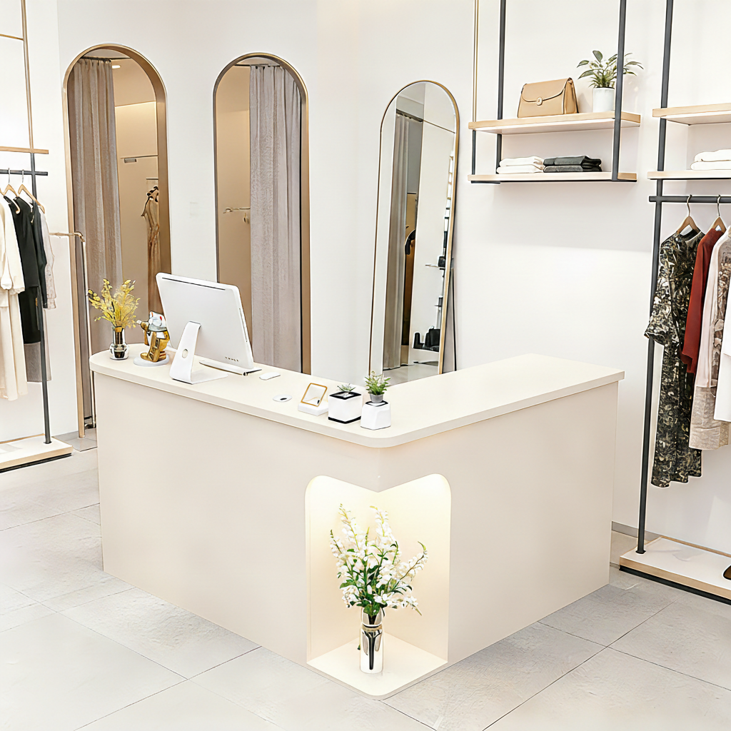Chic L-Shaped Big Storage Simple  Beige Reception for Beauty Salon
