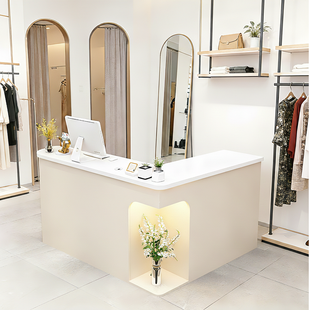 Chic L-Shaped Big Storage Simple  Beige + White Reception for Beauty Salon
