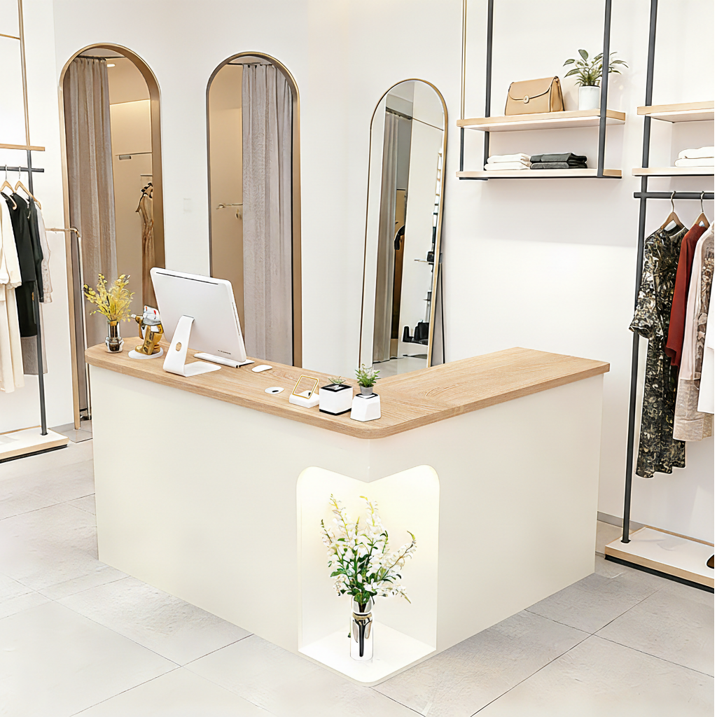 Chic L-Shaped Big Storage Simple  Natural + Beige Reception for Beauty Salon