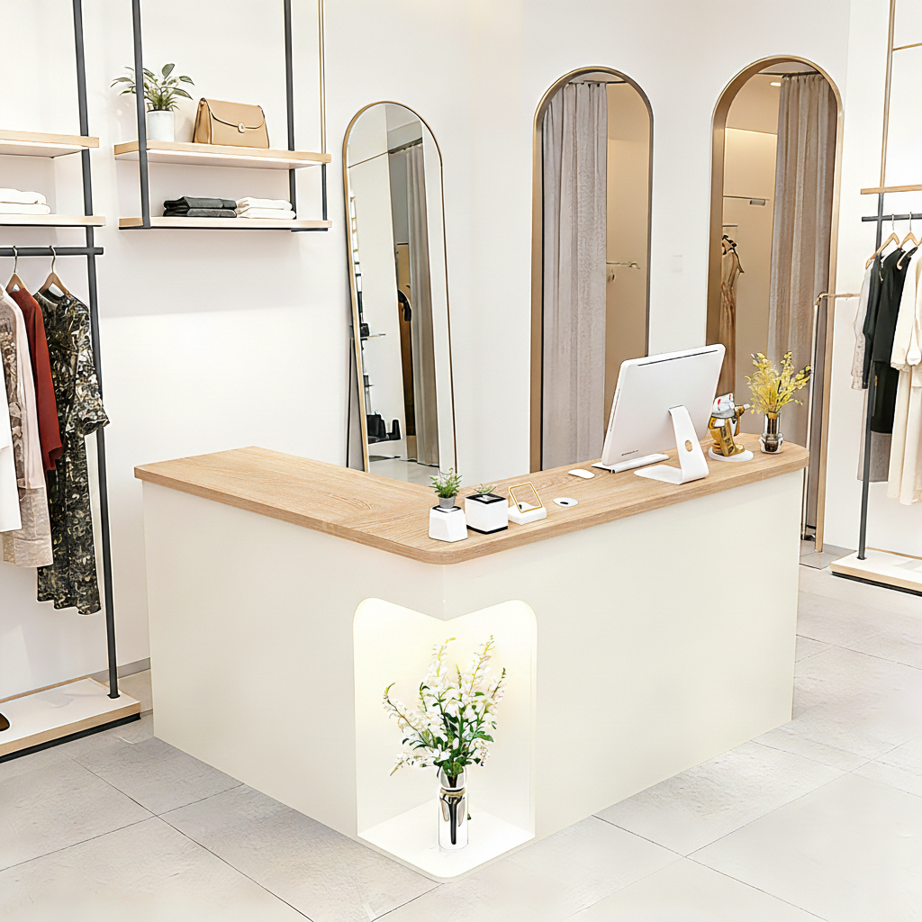 Chic L-Shaped Big Storage Simple  Natural + Beige Reception for Clothing Shop
