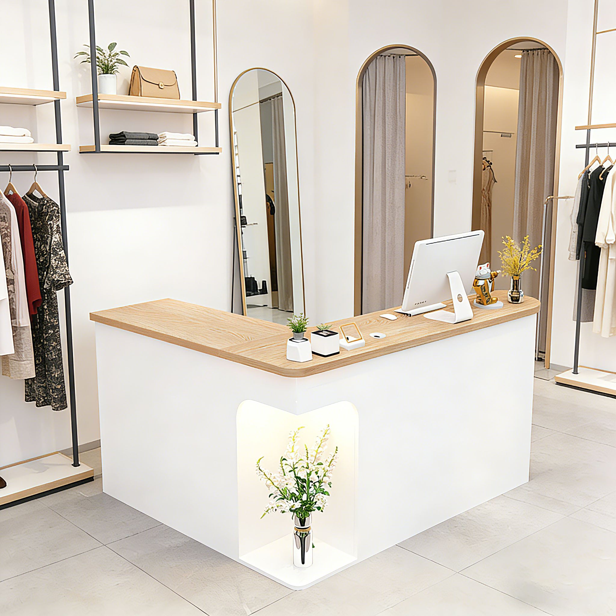 Chic L-Shaped Big Storage Simple Natural + White Reception for Beauty Salon